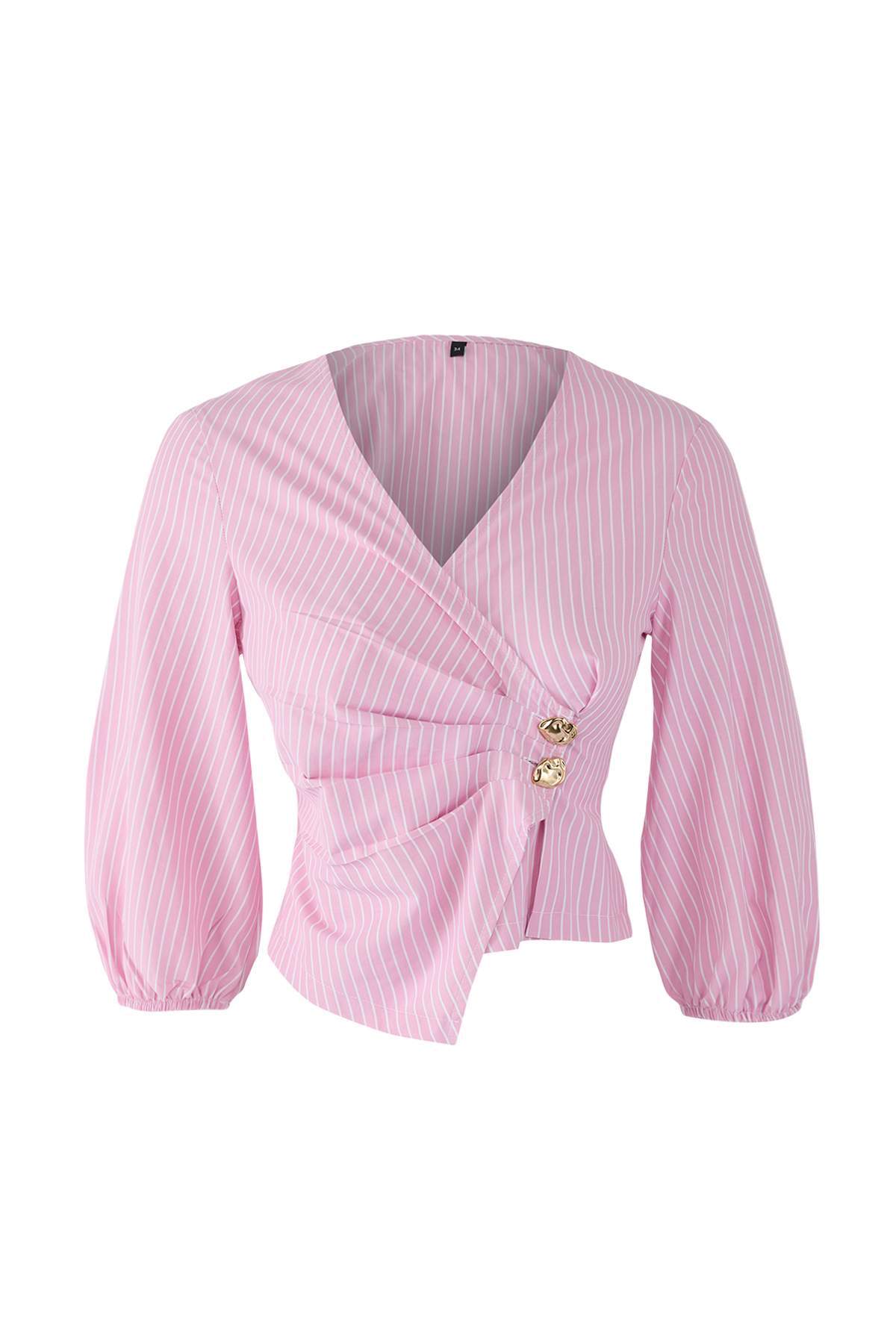 Trendyolmilla  Pembe Kruvaze Çizgili Dokuma Bluz TWOSS25BZ00170 - Görsel 6