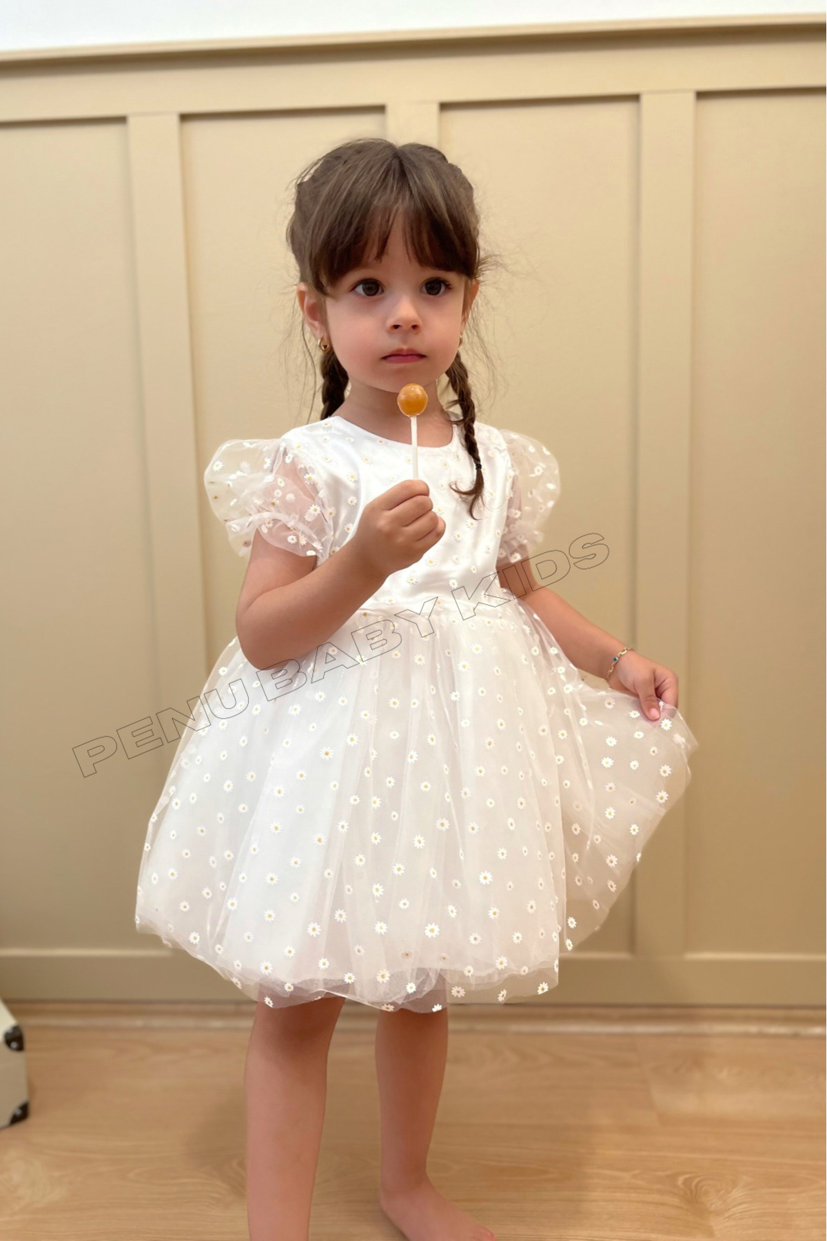 penu baby kids Beyaz Çiçek Desenli Tül Etekli Ve Kısa Tül Kol Kız Bebek & Kız Çocuk Elbise - Flower fotoğrafı 5 (önizleme)