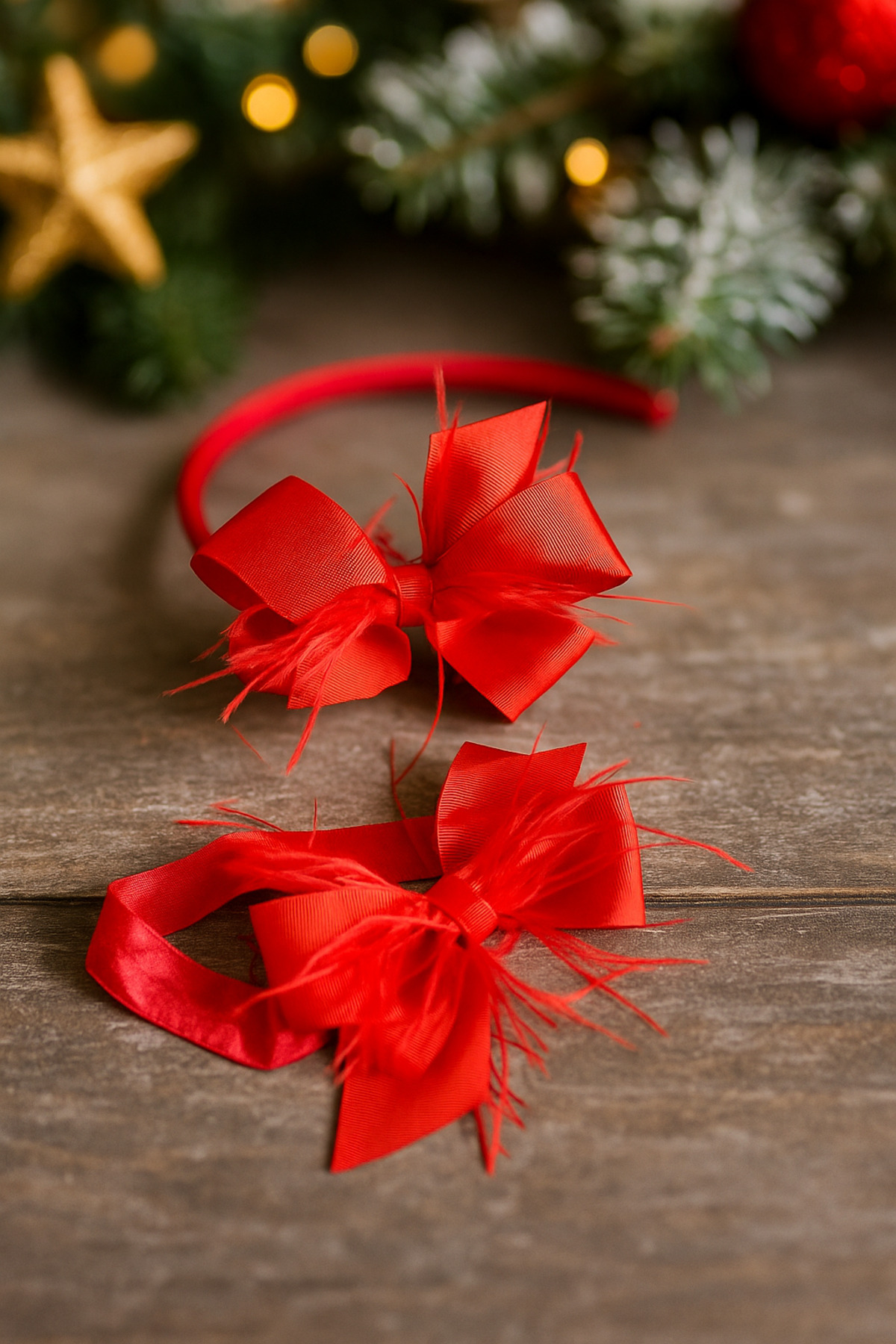 Massaltay Kırmızı Fiyonklu Tüylü Lohusa Tacı ve Bebek Bandanası Takımı fotoğrafı 2 (önizleme)