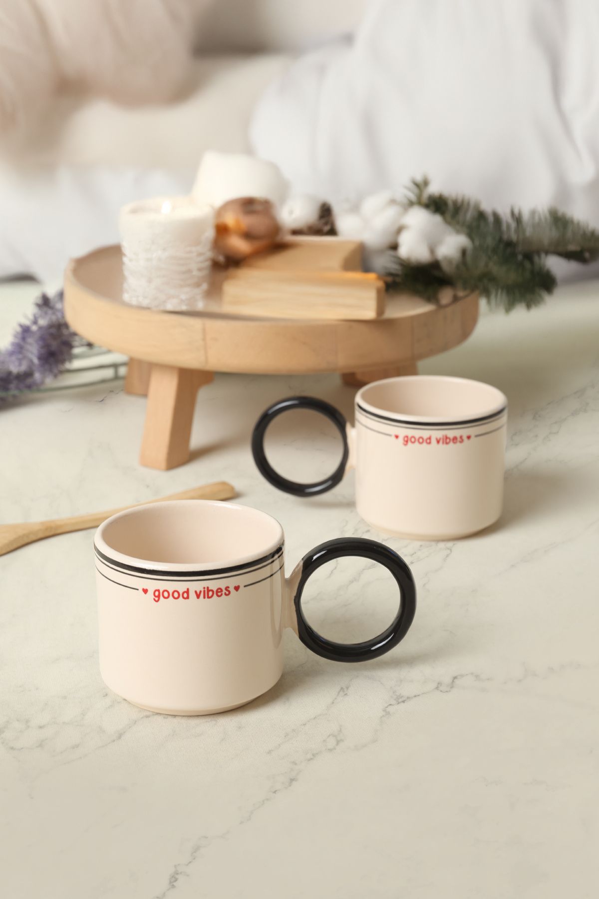 Keramika-Good Vibes Black Stackable Ring Cup with Handle 8 cm 2 Pieces 3