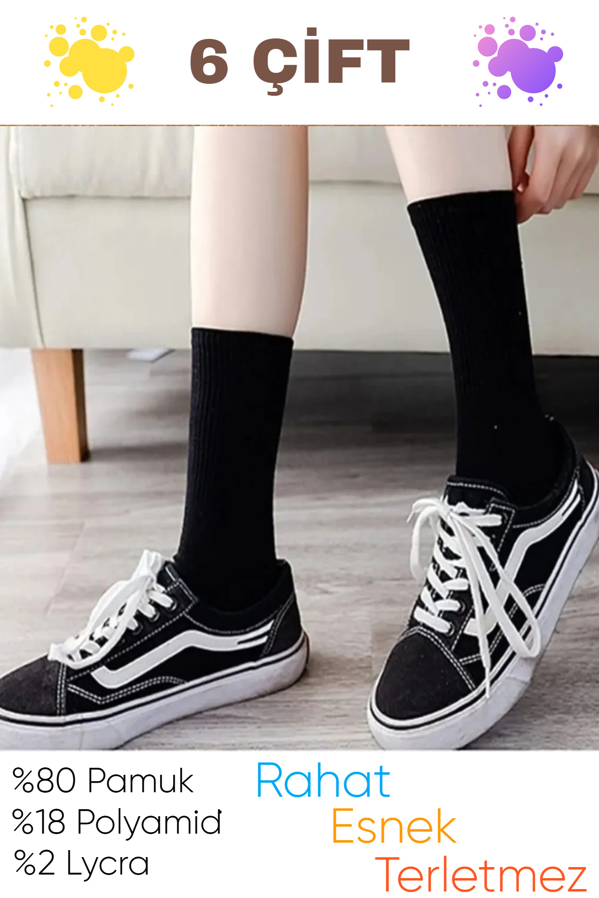 İbrahim Berk 6 Çift Uzun Erkek Spor Çorap Beyaz Siyah Çizgili Desenli Tenis Çorap Sporcu Çorabı