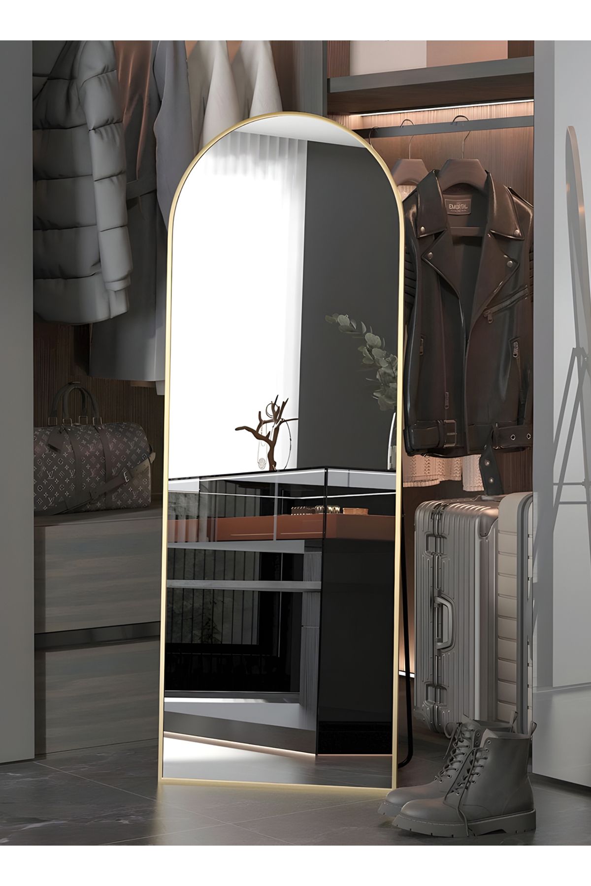 Taimi-مرآة كبيرة بتصميم أنيق، مقاس 150×50 سم، بإطار معدني ذهبي وحامل خلفي 2