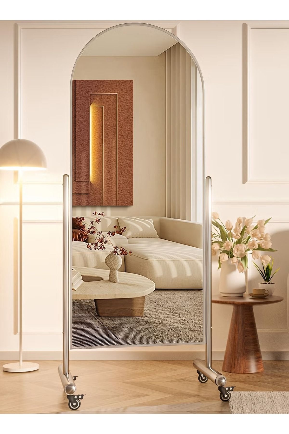 Taimi-مرآة كبيرة بتصميم أنيق 176×70 سم - مرآة كاملة الطول بعجلات وإطار فولاذي فضي 1