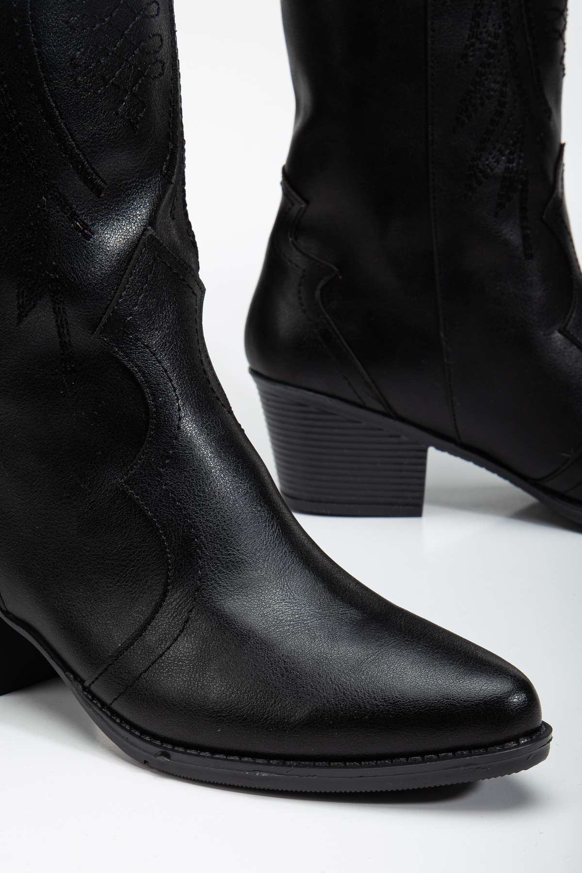 MS SUGAR SHOES  Kadın Siyah Suni Deri Nakışlı Western Kovboy Cowgirl Bot Çizme - Görsel 6