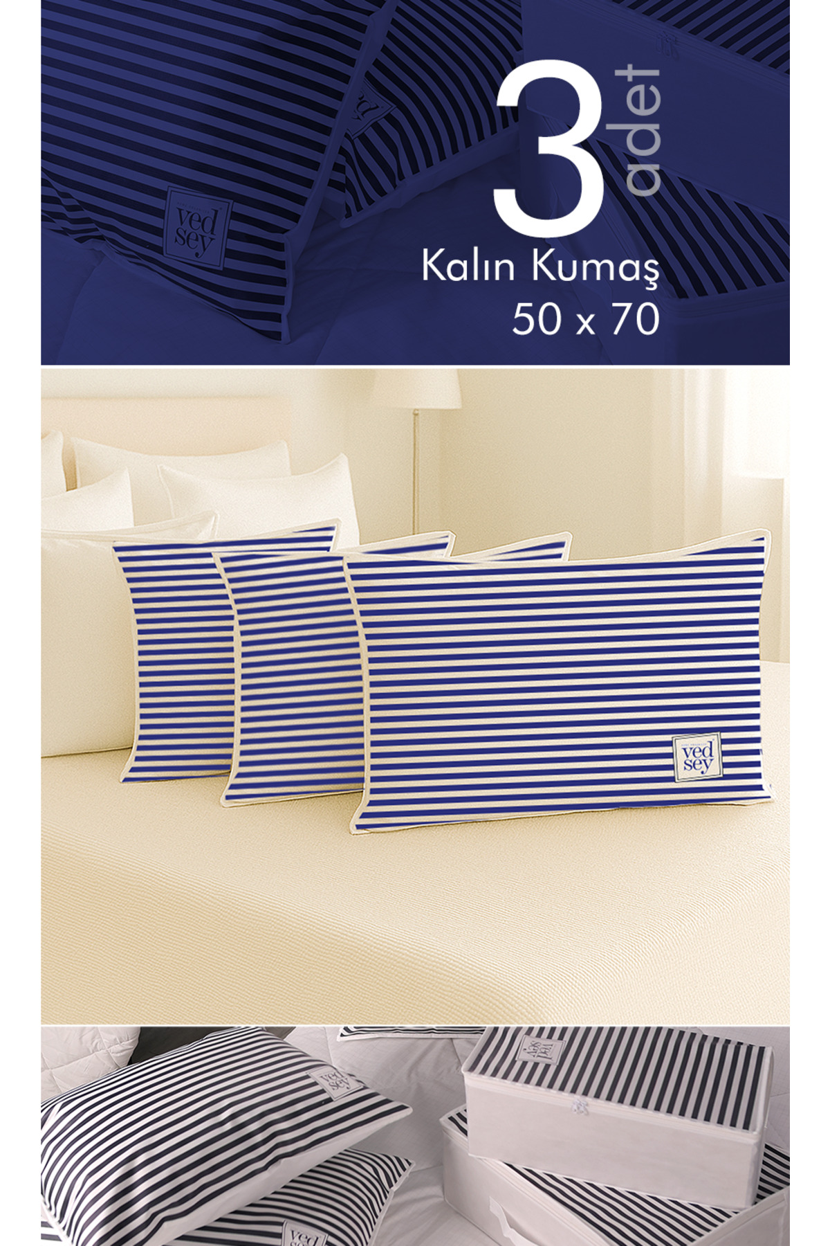 3-Piece Set 70x50 Cm Pillow & Clothing Organizer Hatch Navy Blue Striped