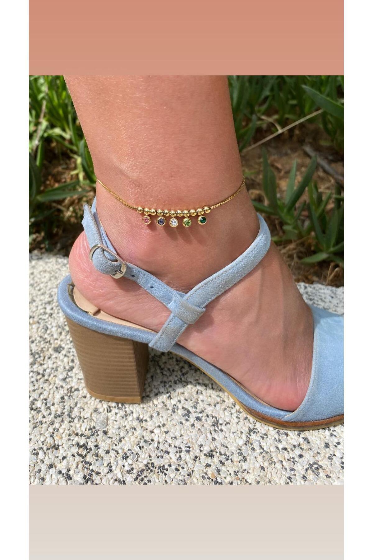 marsel aksesuar-Colorful Five Stone Round Gold Steel Anklet 6