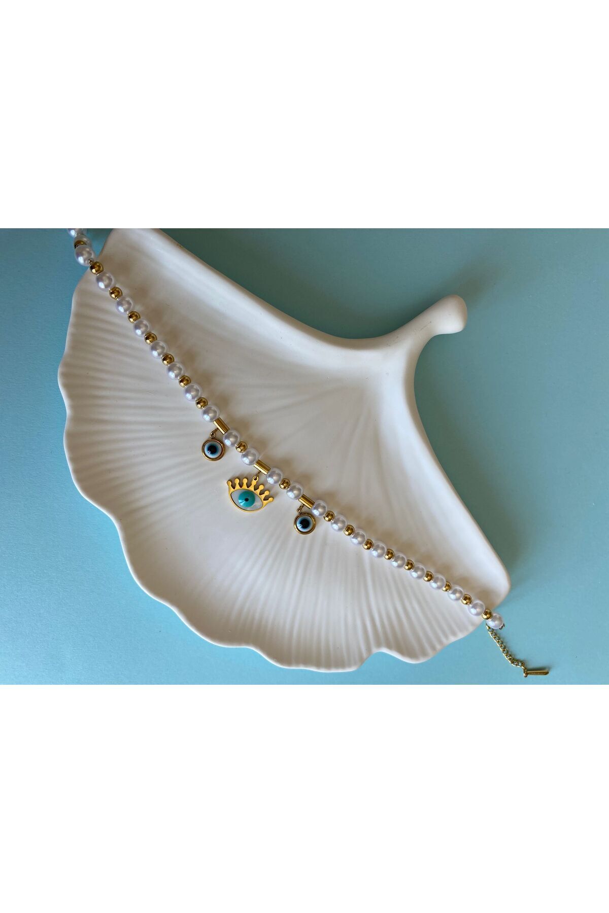 marsel aksesuar-Steel Anklet with Pearl Evil Eye and Eye Figure 5