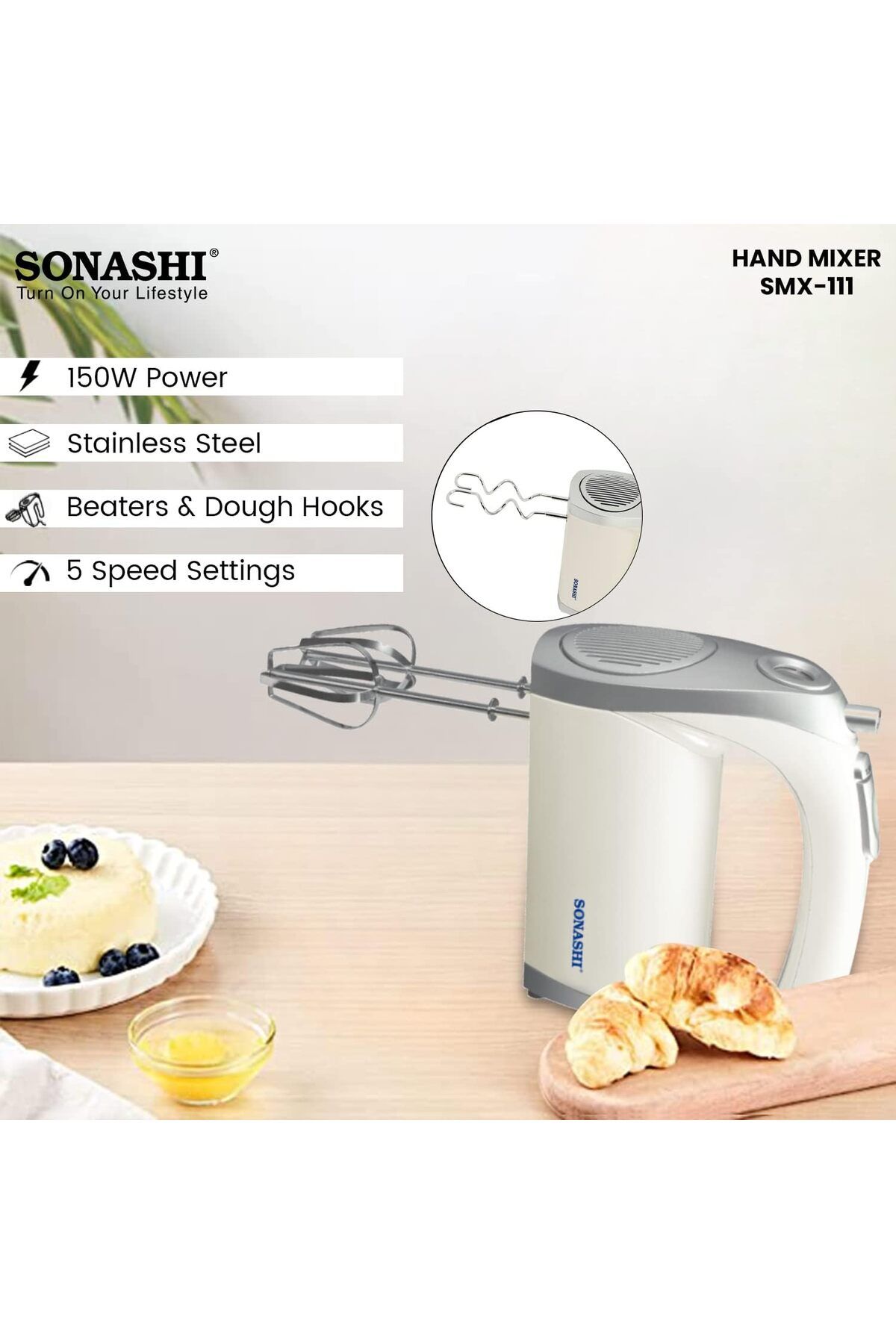sonashi-Hand Mixer with 5 Speeds, Turbo Switch | 2 Beaters for Eggs & Creams | 2 Hooks for Mixing Dough | Pe 6