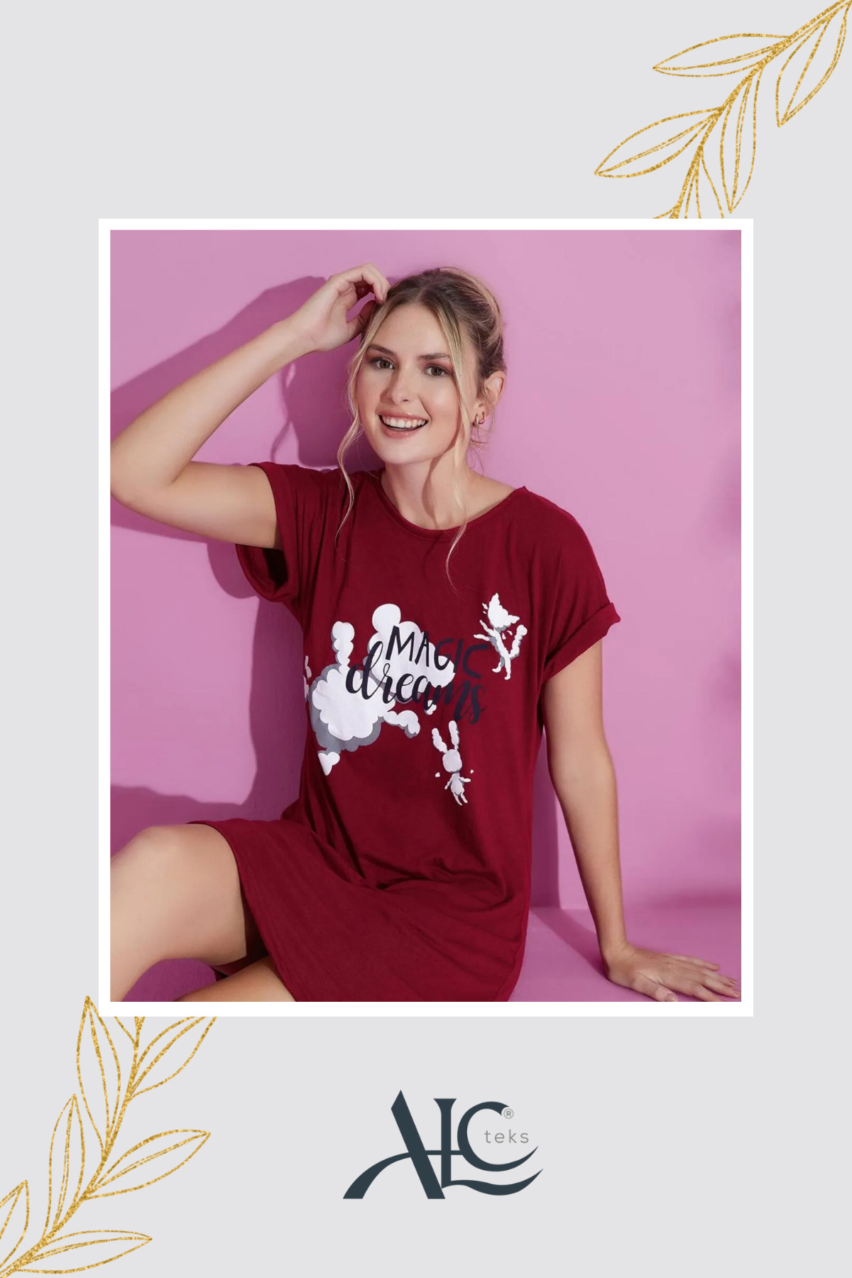 Alcteks KADIN GECELİK Yazlık Konfor: Desenli Kırmızı | Kısa Kollu, Bisiklet Yaka