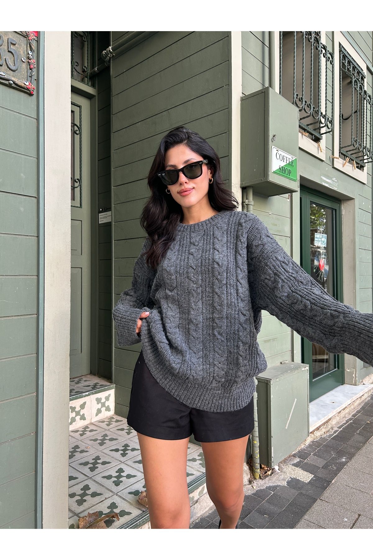 Puella-Women's Oversize Soft Anthracite Hair Braided Knitwear Sweater 5