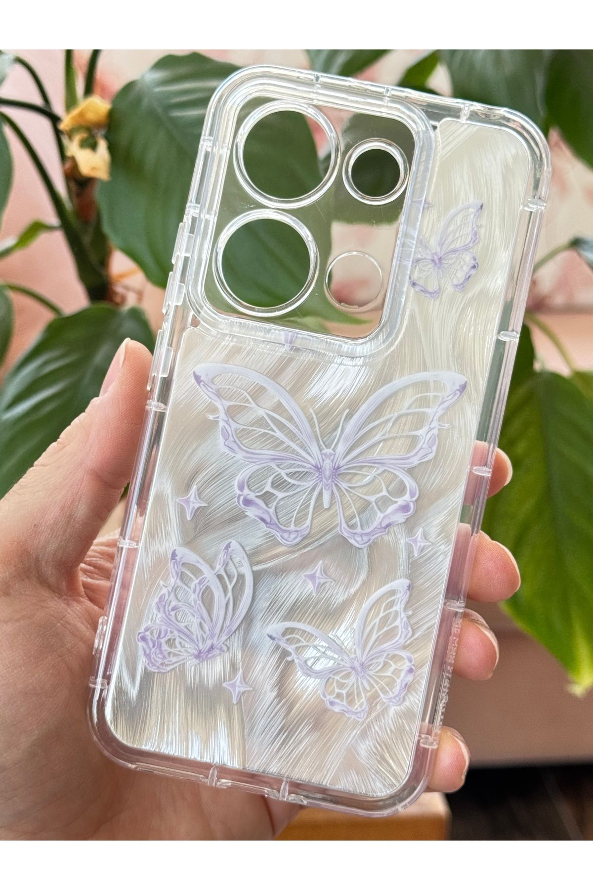 Fibaks-Redmi Note 13 Pro 4g Case Plug-In Camera Protected Glossy Hologram Butterfly Pattern Shock Absorbing 3