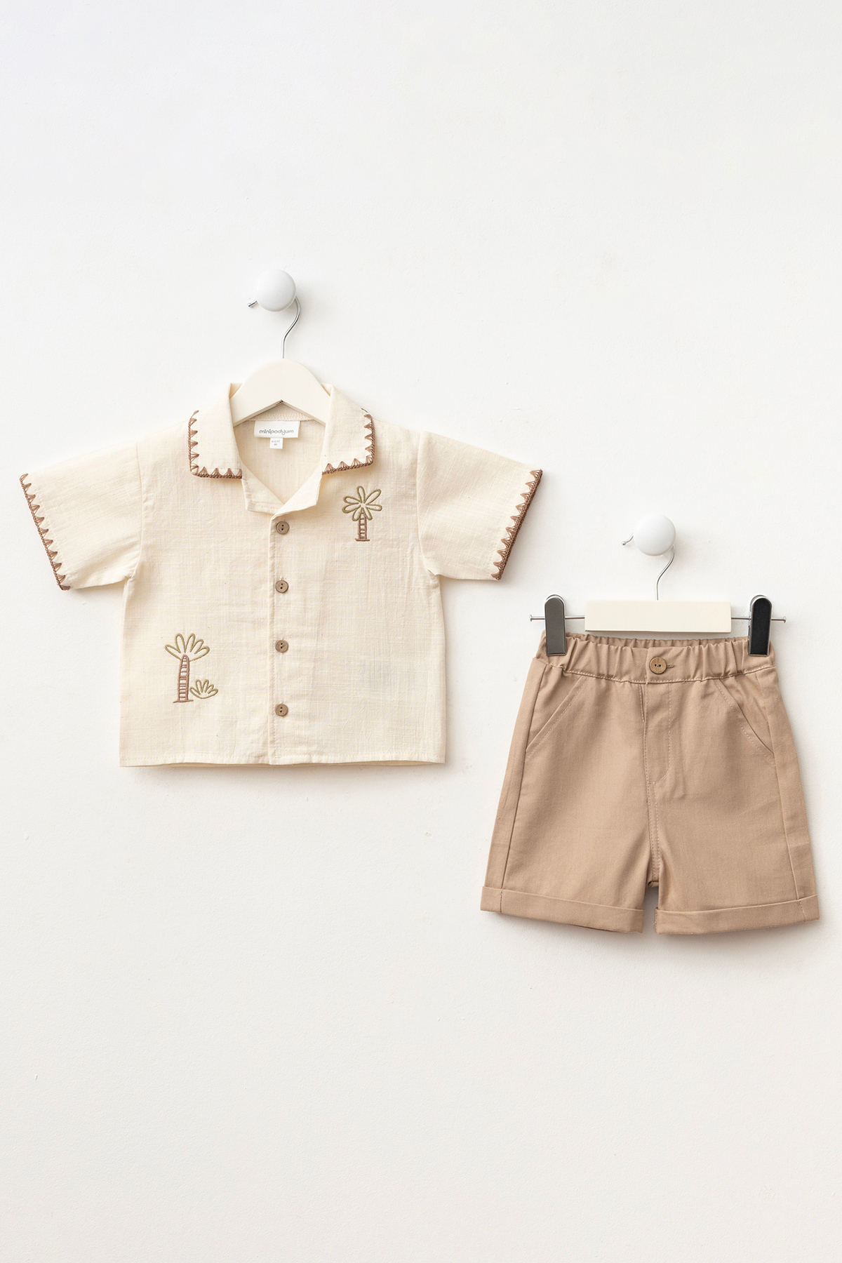 Minipodyum Erkek Bebek Palmiye Nakışlı Şortlu Yazlık Ikili Takım fotoğrafı 3 (önizleme)