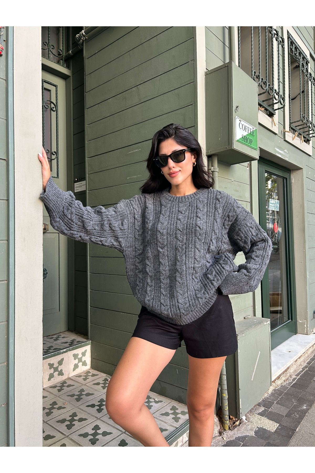 Puella-Women's Oversize Soft Anthracite Hair Braided Knitwear Sweater 6