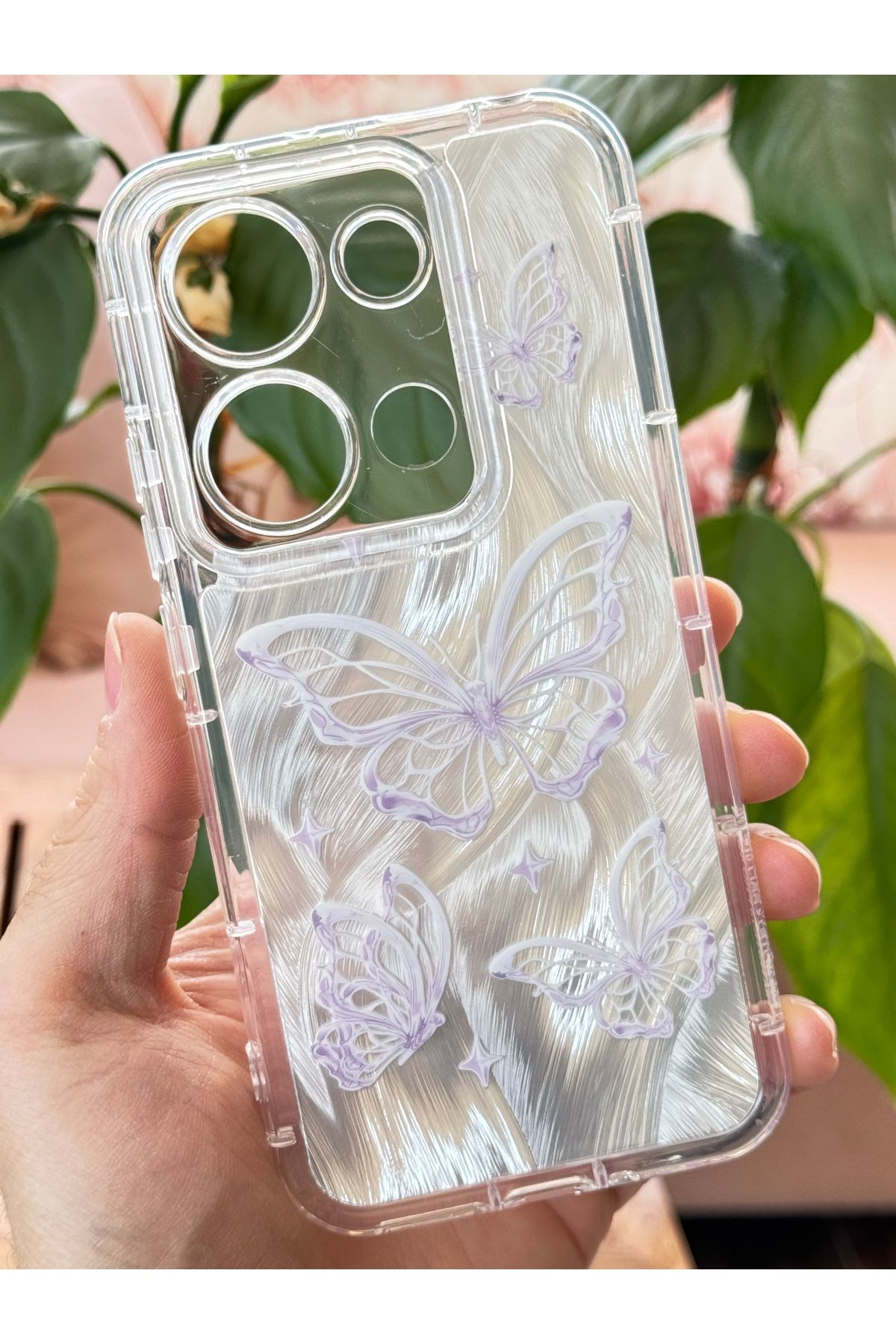 Fibaks-Redmi Note 13 Pro 4g Case Plug-In Camera Protected Glossy Hologram Butterfly Pattern Shock Absorbing 5