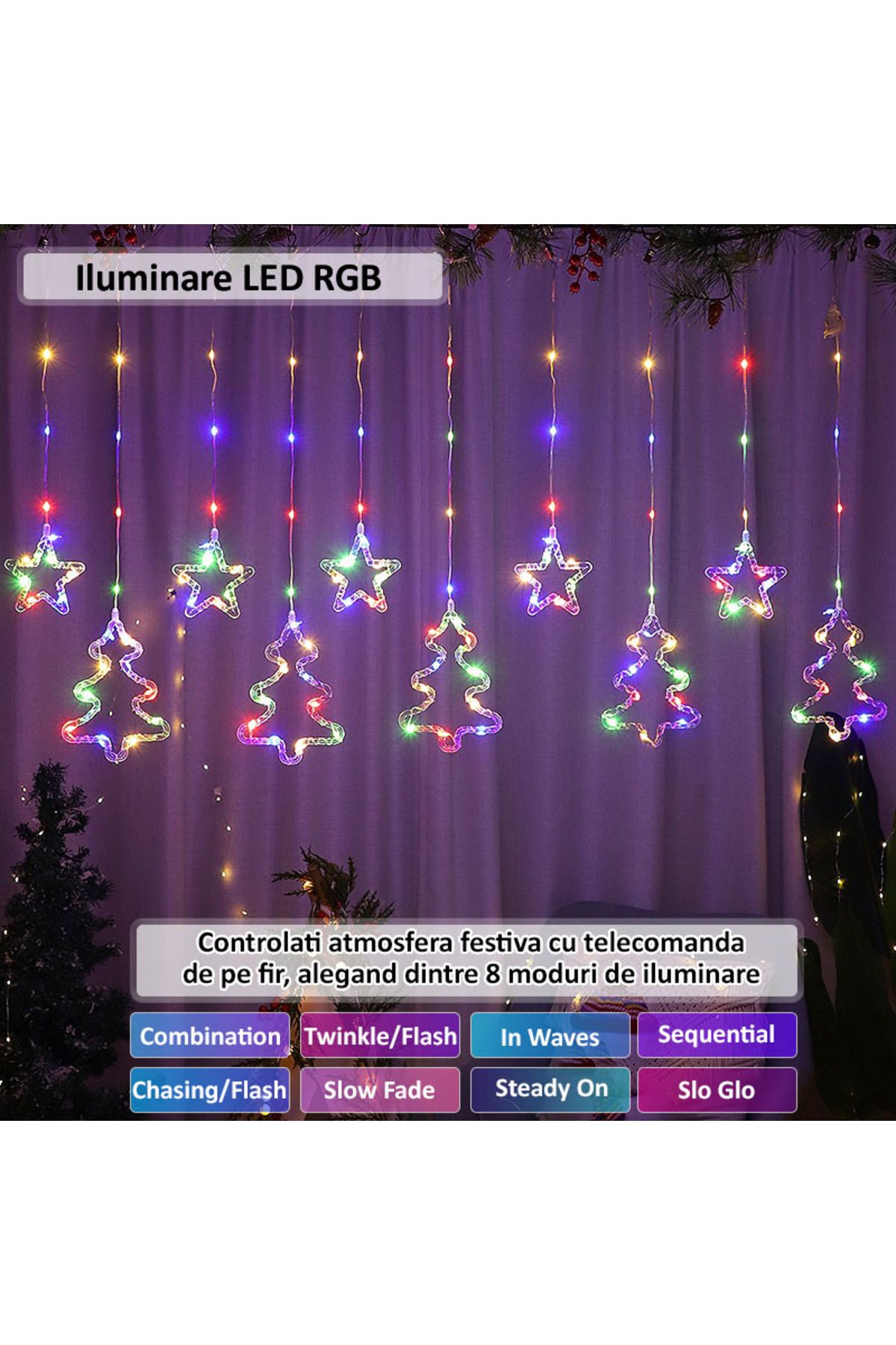 NEXTLY-Instalatie De Craciun Tip Perdea , Interconectabila, Lumini Led Rgb, 8 Jocuri De Lumini, 3 3