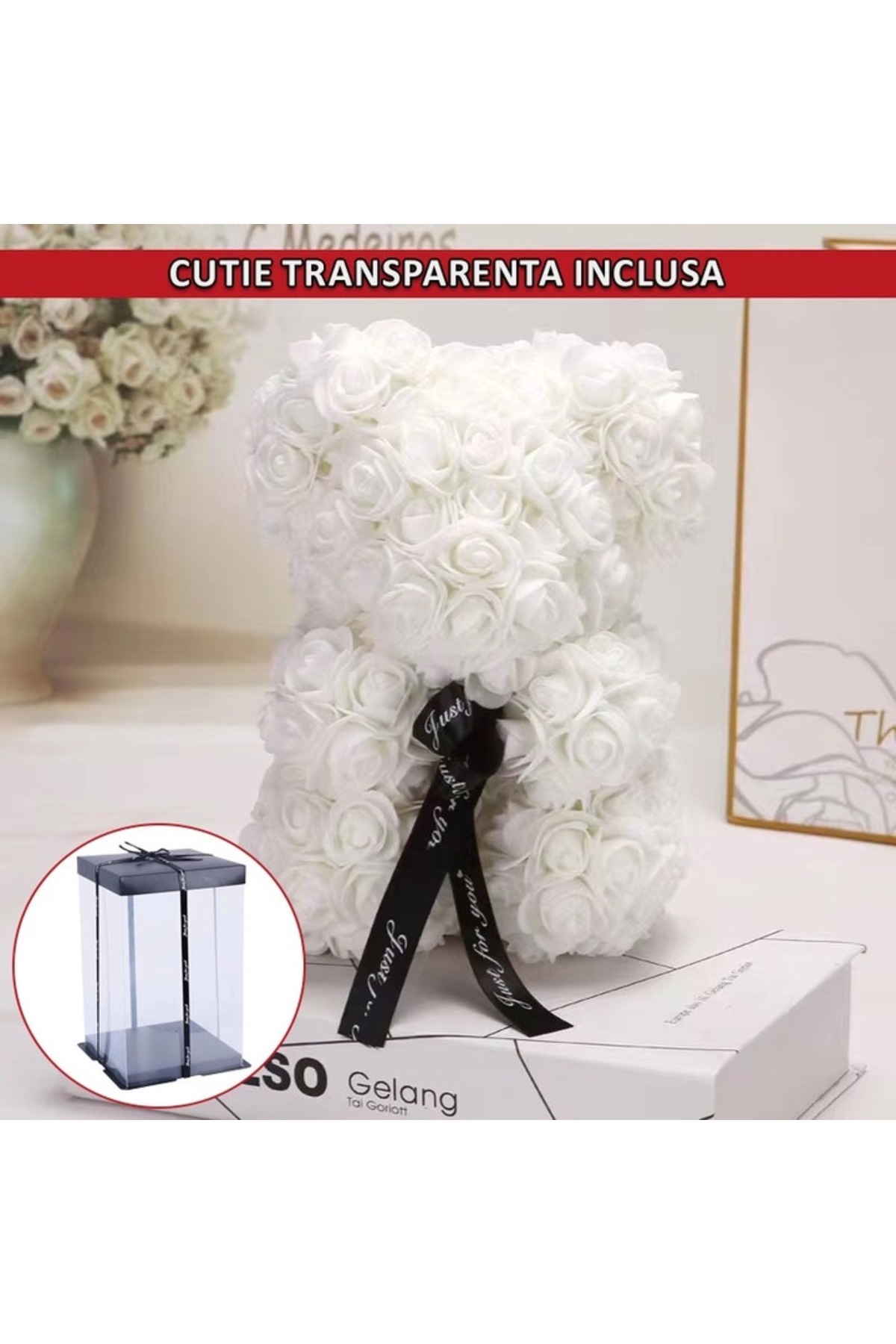 NEXTLY-Ursulet Din Trandafiri Din Spuma , Decorat Manual, 25cm, Cutie Transparenta Inclusa, Alb 4