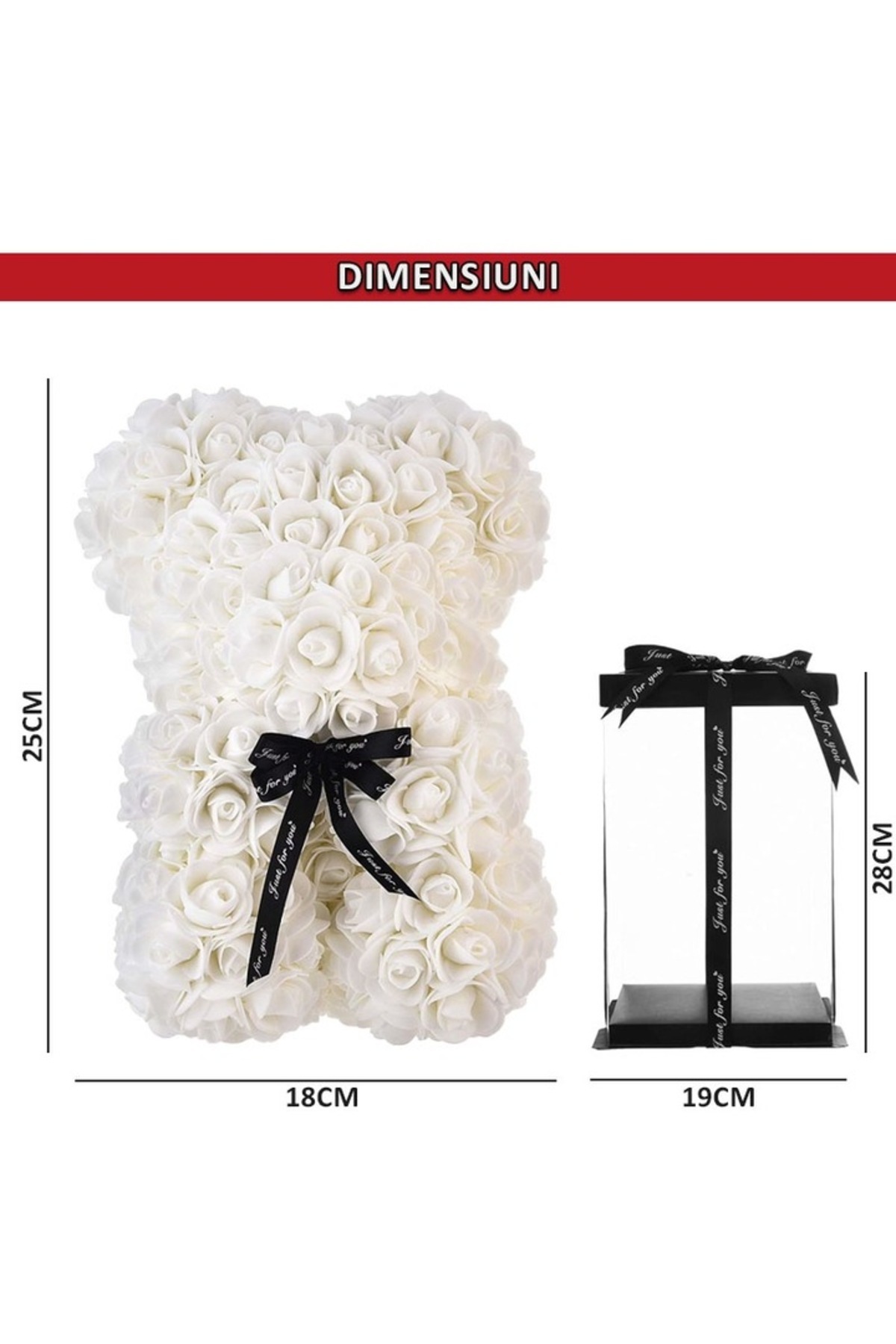 NEXTLY-Ursulet Din Trandafiri Din Spuma , Decorat Manual, 25cm, Cutie Transparenta Inclusa, Alb 5