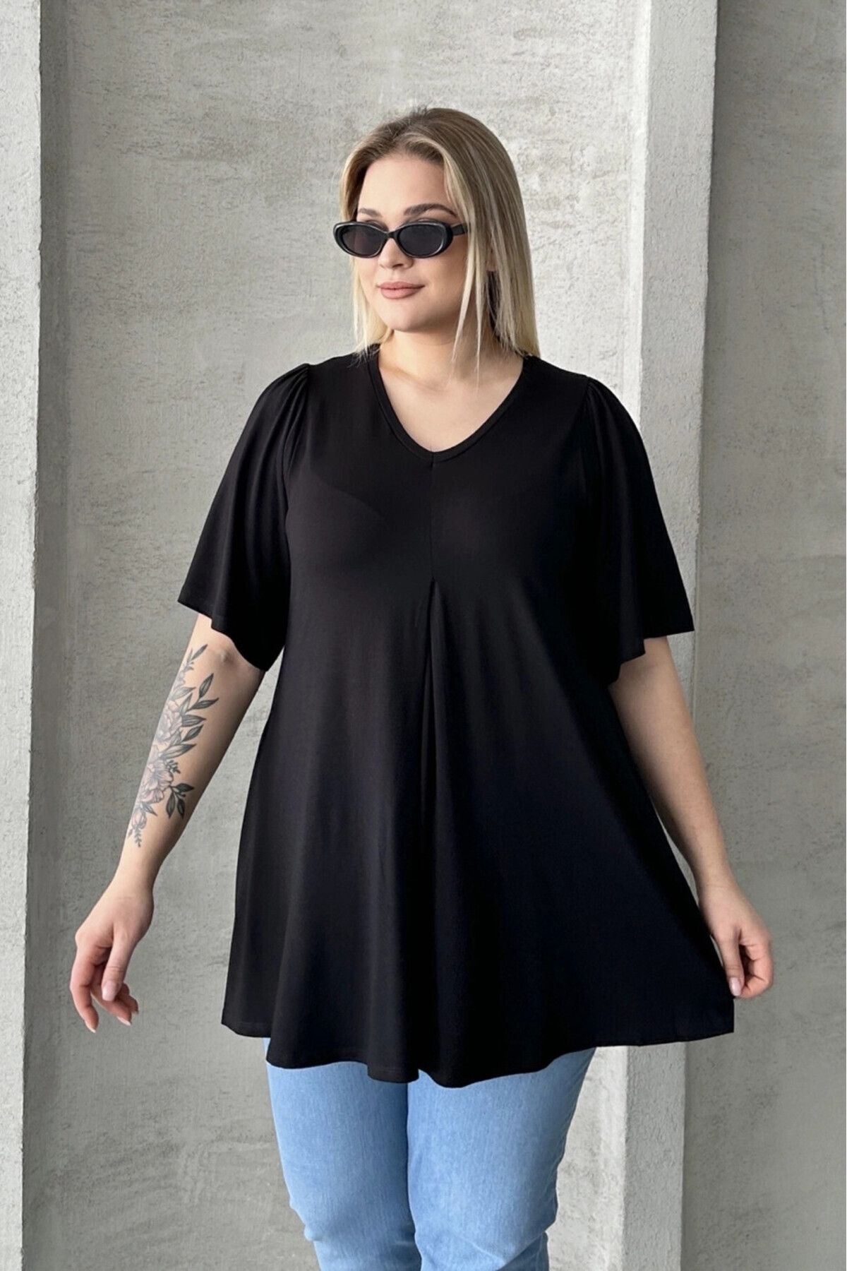 Stil Diva-Plus Size Double Pack V Neck Patternless Asymmetric Cut Lycra Blouse 320315X2 2