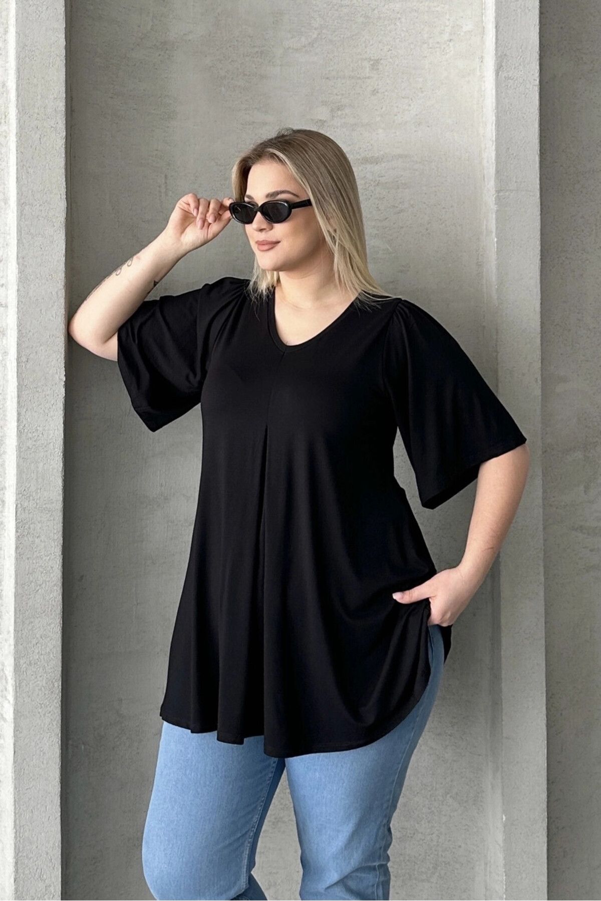 Stil Diva-Plus Size Double Pack V Neck Patternless Asymmetric Cut Lycra Blouse 320315X2 6