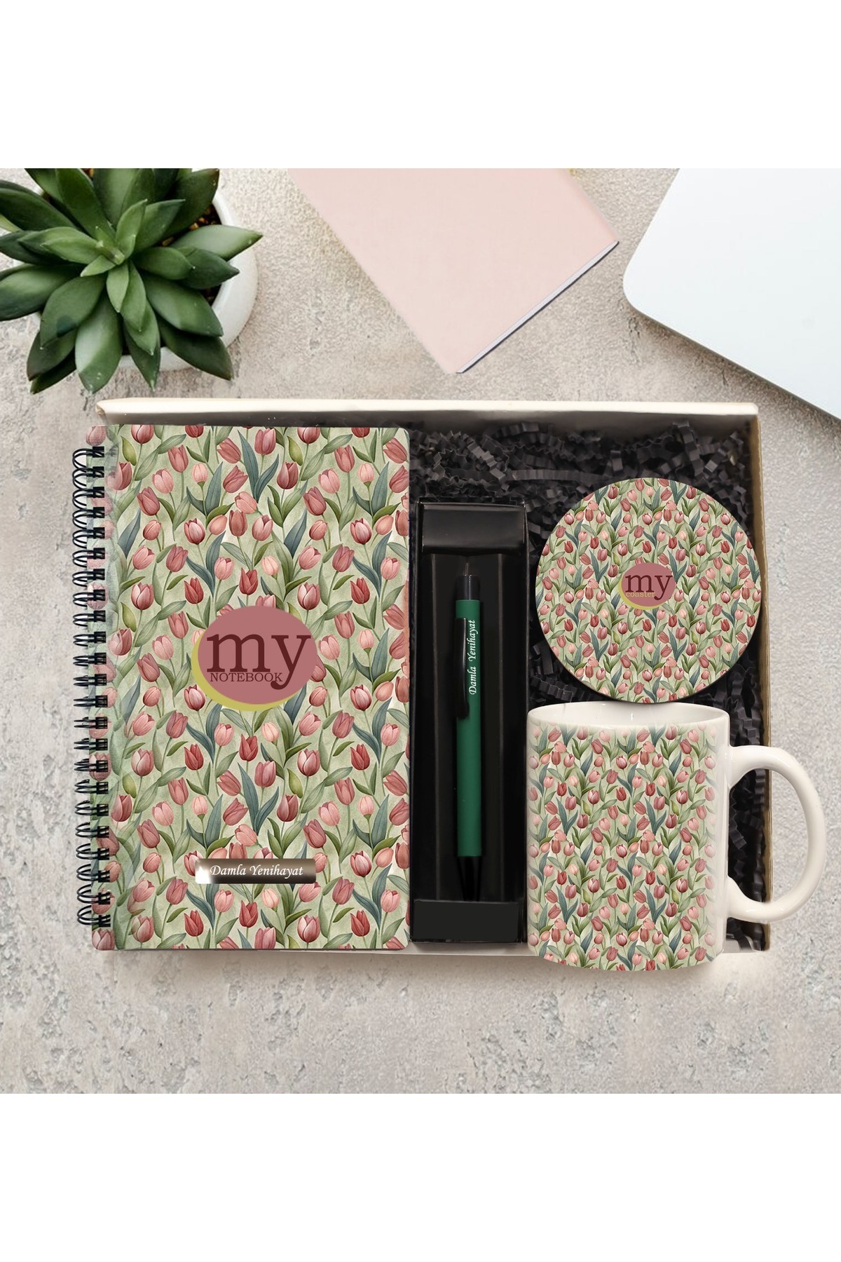 Senin kutun Kişiye Özel Desenli Defter & Kişiye Özel Metal Tükenmez Kalem & Kupa & Bardak Altlığı Hediye Seti