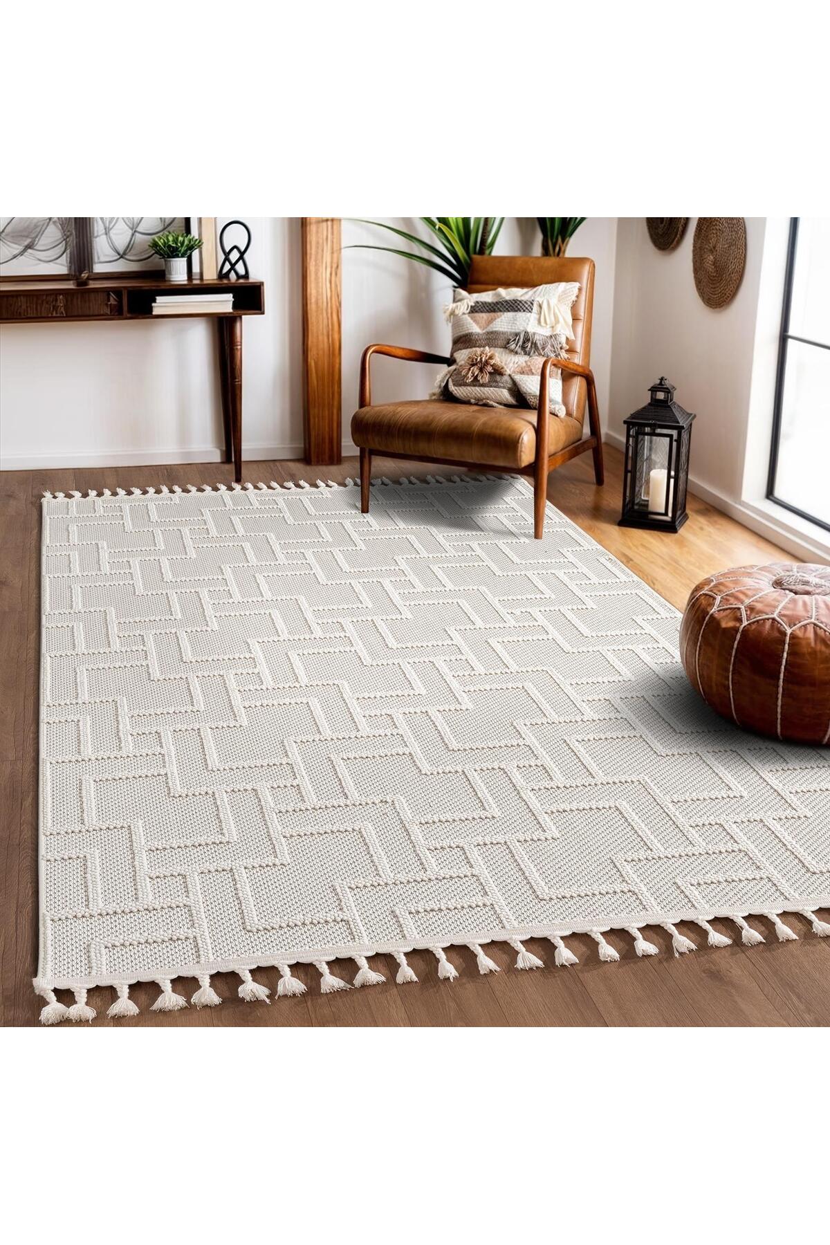 Effect EF002A White Carpet Geometric Patterned Jute Floor Living Room Rug Bedroom Corridor
