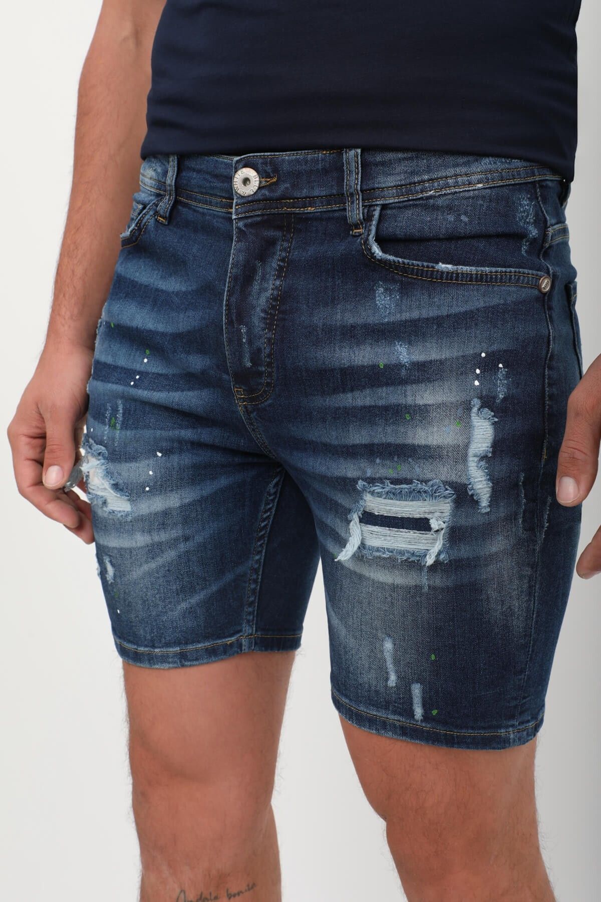 Bluewhite-Pantaloni scurți de jeans cu plasture pentru bărbați, albastru închis 6