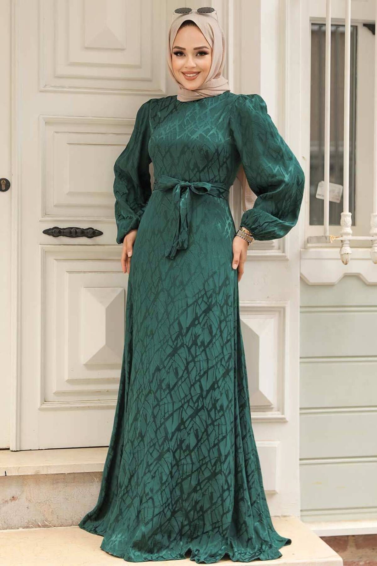 Neva Style-Rochie Hijab cu imprimeu verde smarald - 23272ZY 3