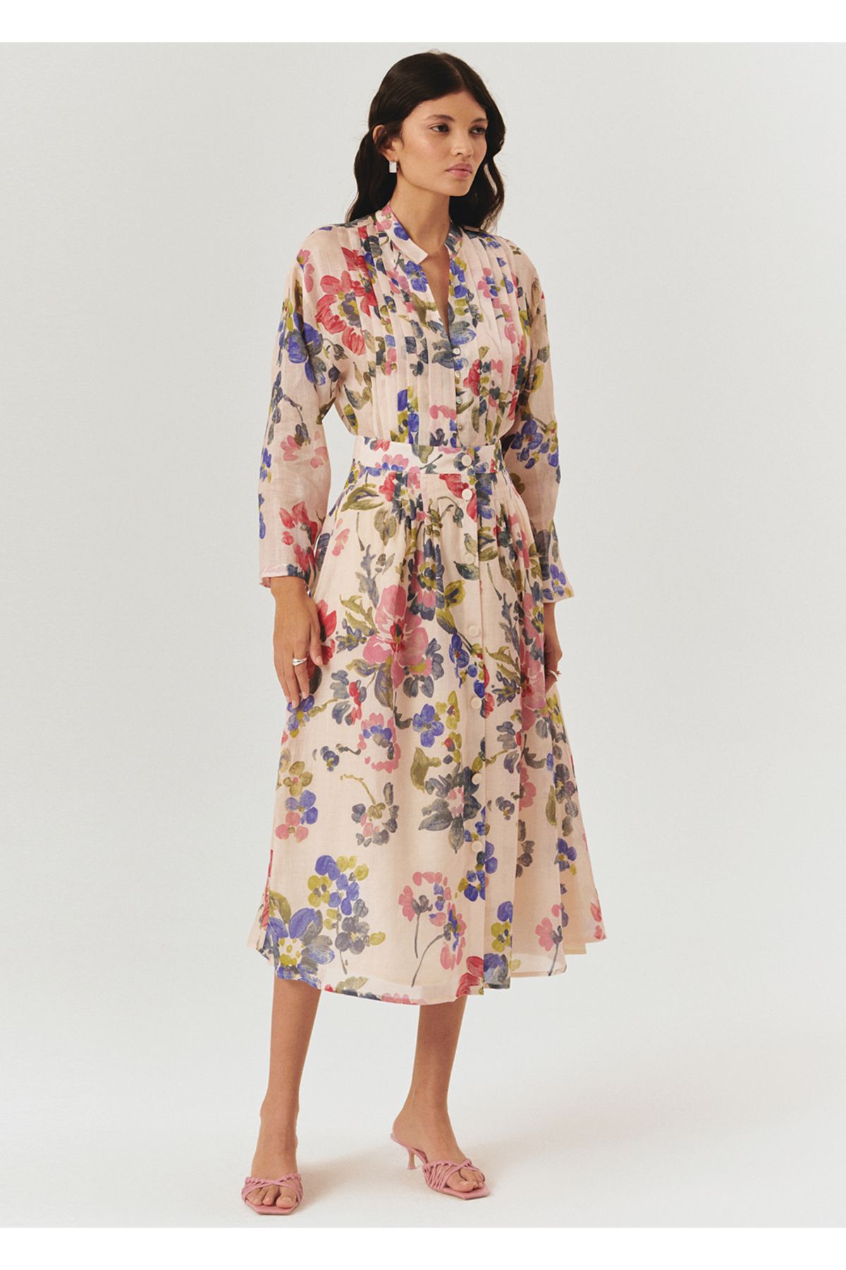 Exquise-Front Button Midi Length Floral Pattern Skirt with Pockets 5