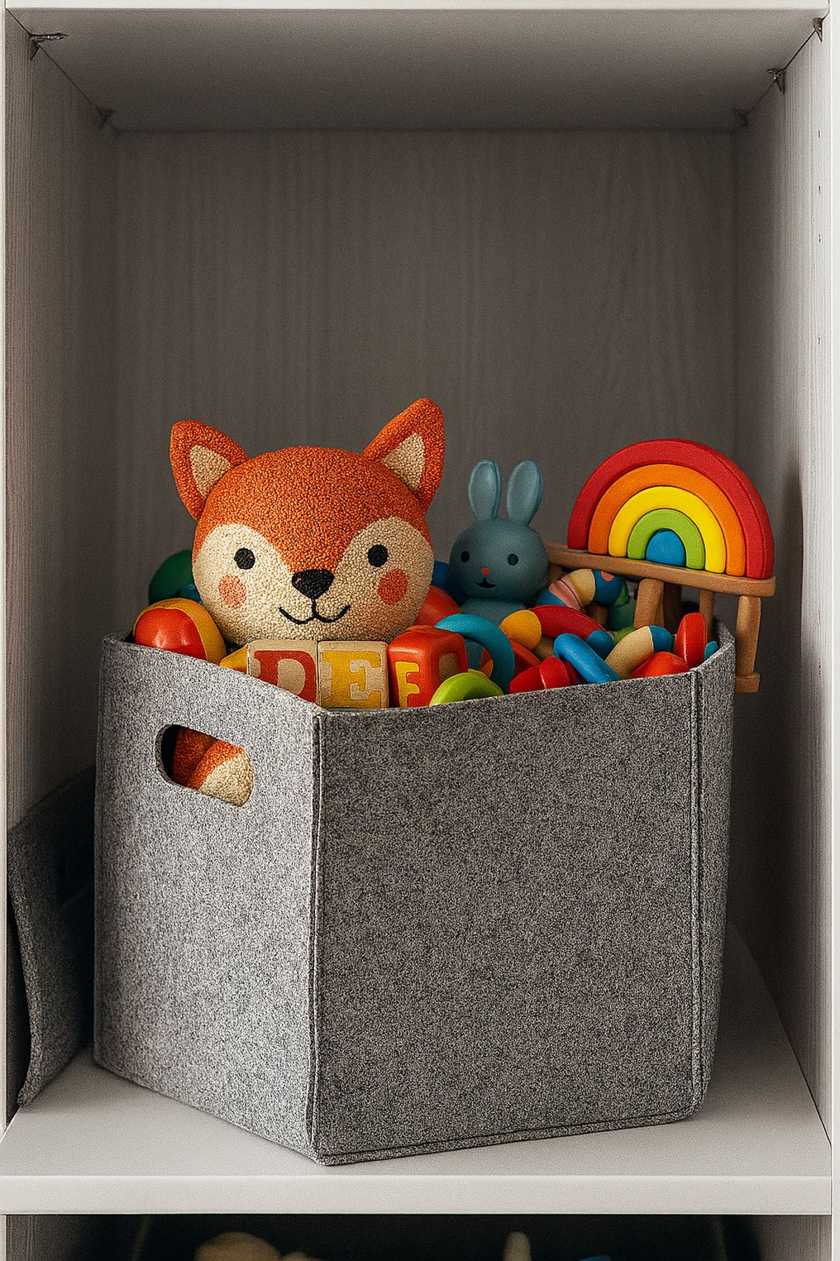YUNUSOĞLU HOME-Gray Felt Cube Organizer - Toy Box with Handle 3