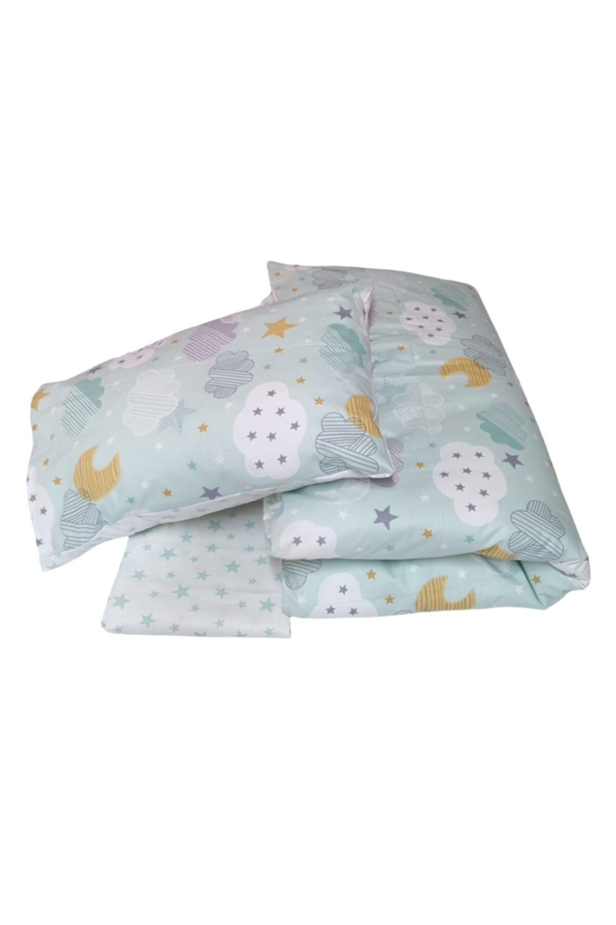 Bebek Özel Pamuklu Çocuk Nevresim Takımı 120x200 Montessori Yatak Için Yeşil Ay Bulut (YORGANSIZ) fotoğrafı 6 (önizleme)