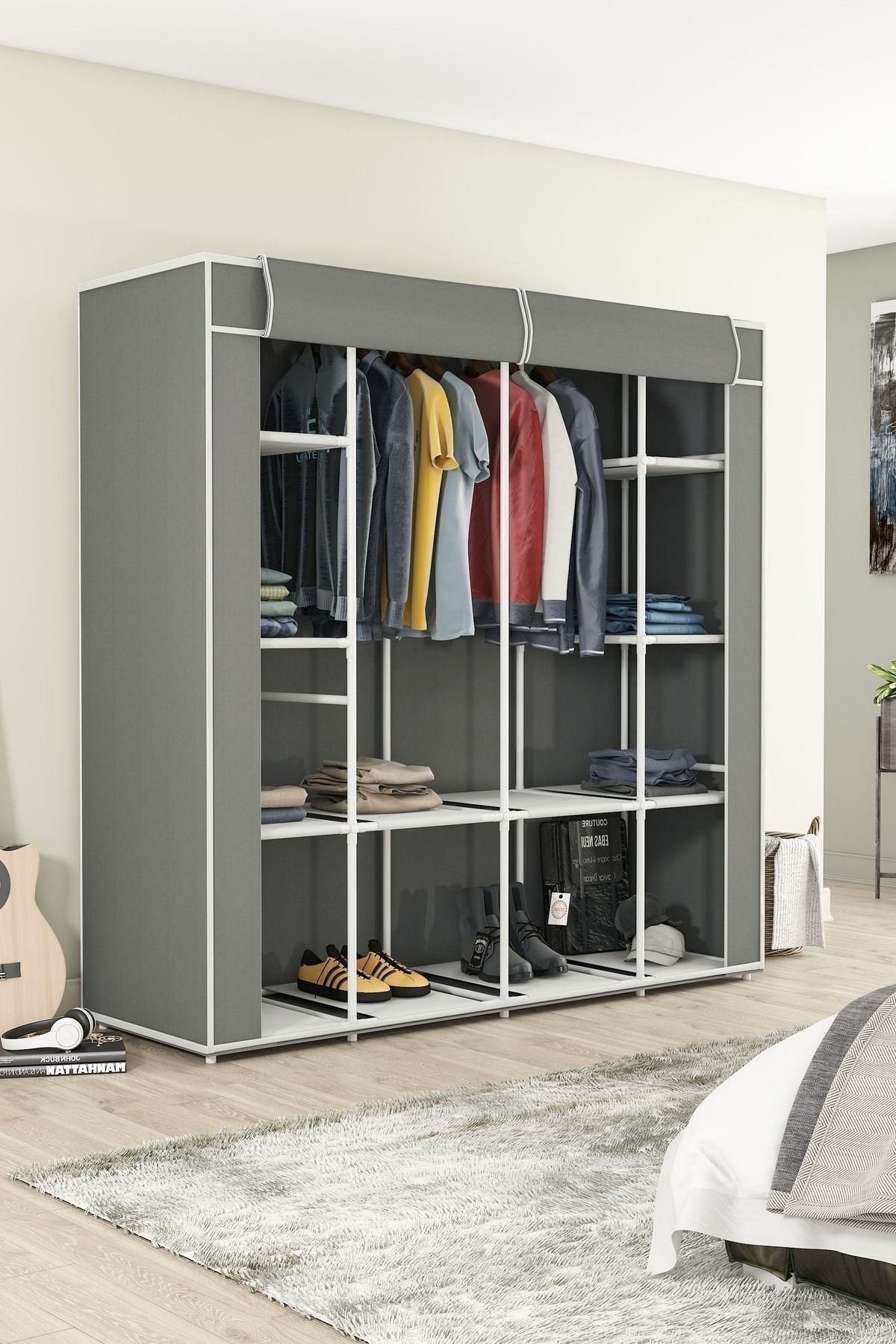 Large Volume Double Strap Wardrobe Cloth Wardrobe Grey