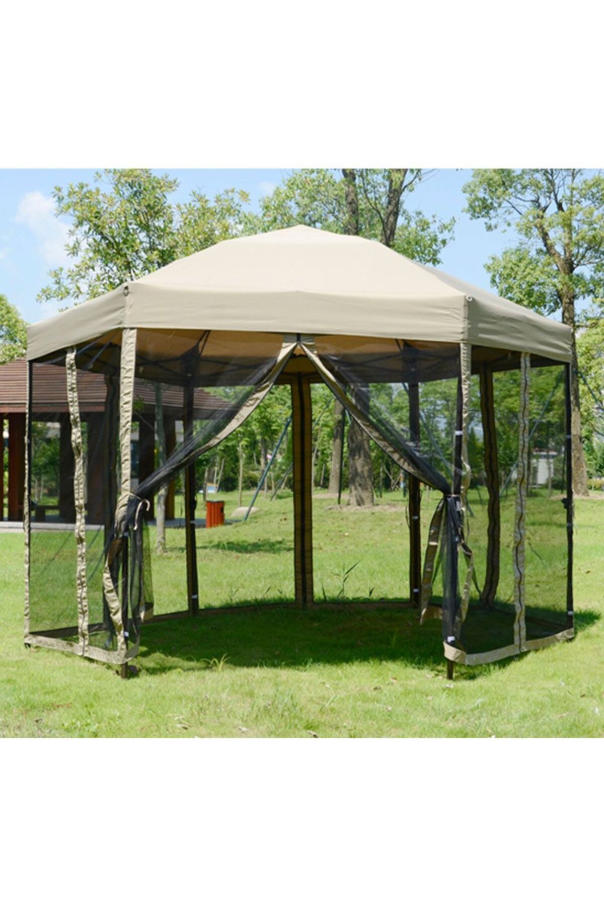 Homelux-Pavilion de grădină hexagonal, 6 laturi de 1,8 m, cadru din oțel, material textil impermeabil, protecție împotriva insectelor cu fermoar 3