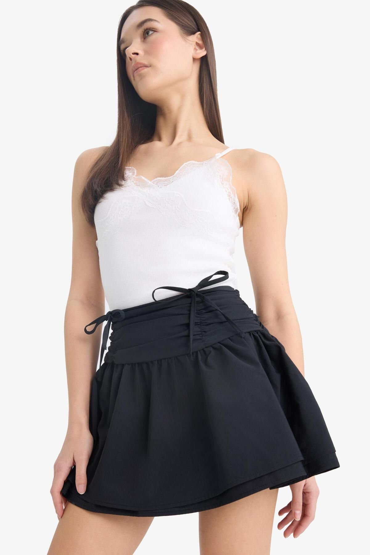 DeFacto-Coool A-Linie Minirock aus gekämmter Baumwolle mit normaler Taille und Popeline-Futter E7588ax25sp 5