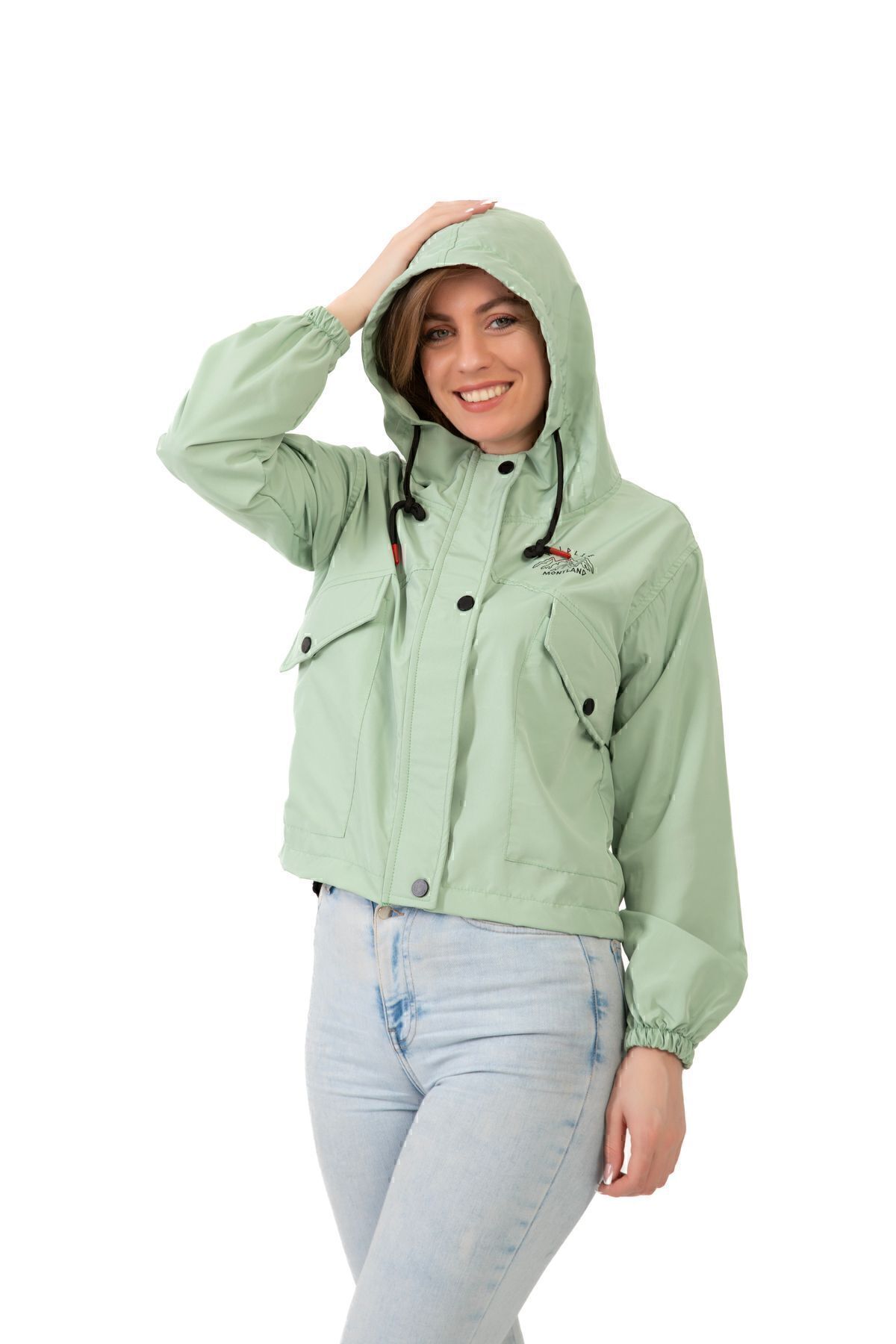 freemen  Kadın Su Yeşili Su Geçirmez Ve Rüzgara Dayanıklı Kapüşonlu Çıt Çıtlı Mevsimlik Yağmurluk - Görsel 2
