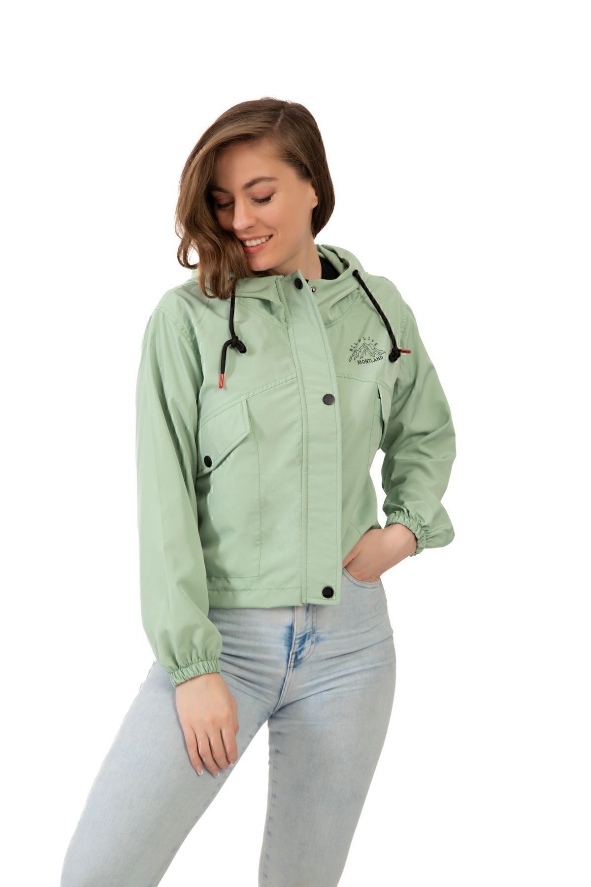 freemen  Kadın Su Yeşili Su Geçirmez Ve Rüzgara Dayanıklı Kapüşonlu Çıt Çıtlı Mevsimlik Yağmurluk