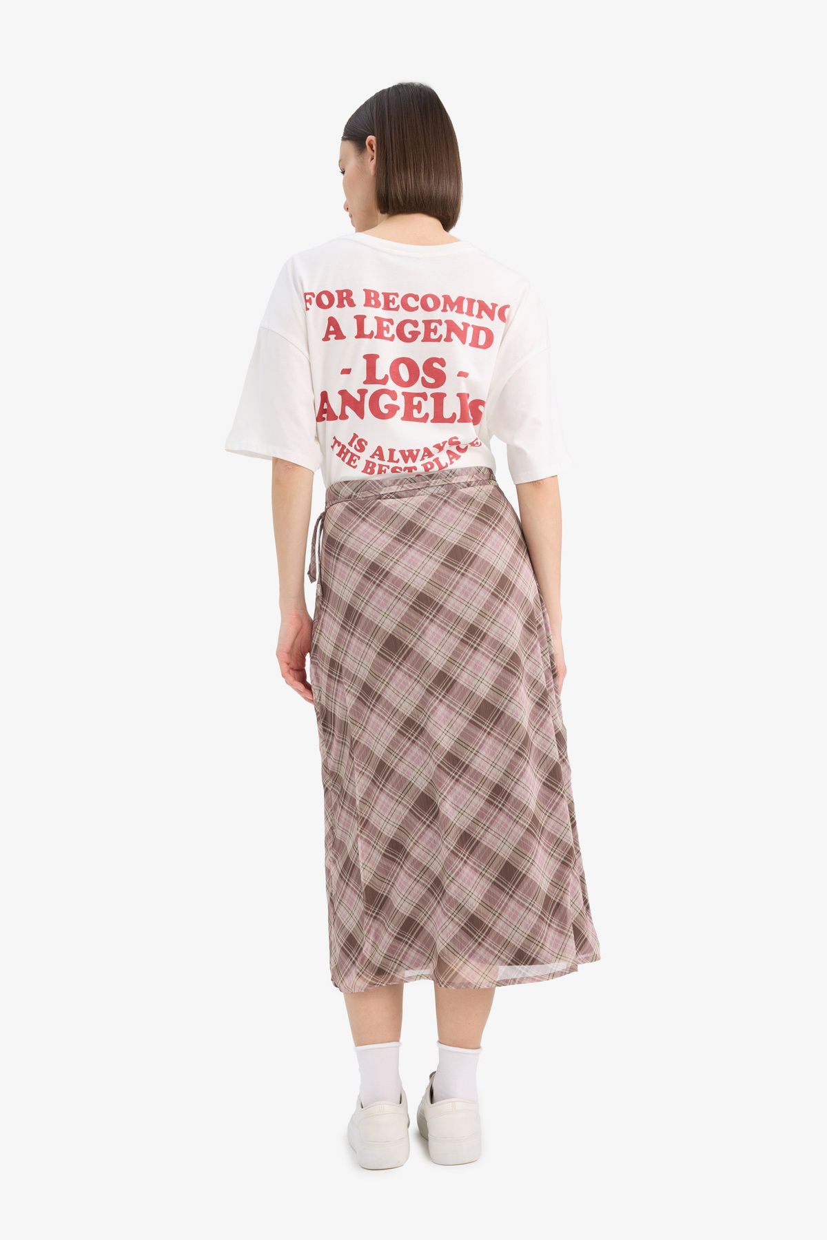 DeFacto-A-Line Checked Chiffon Midi Skirt - Regular Waist Combed Cotton Lined E7589Ax25Sp 6