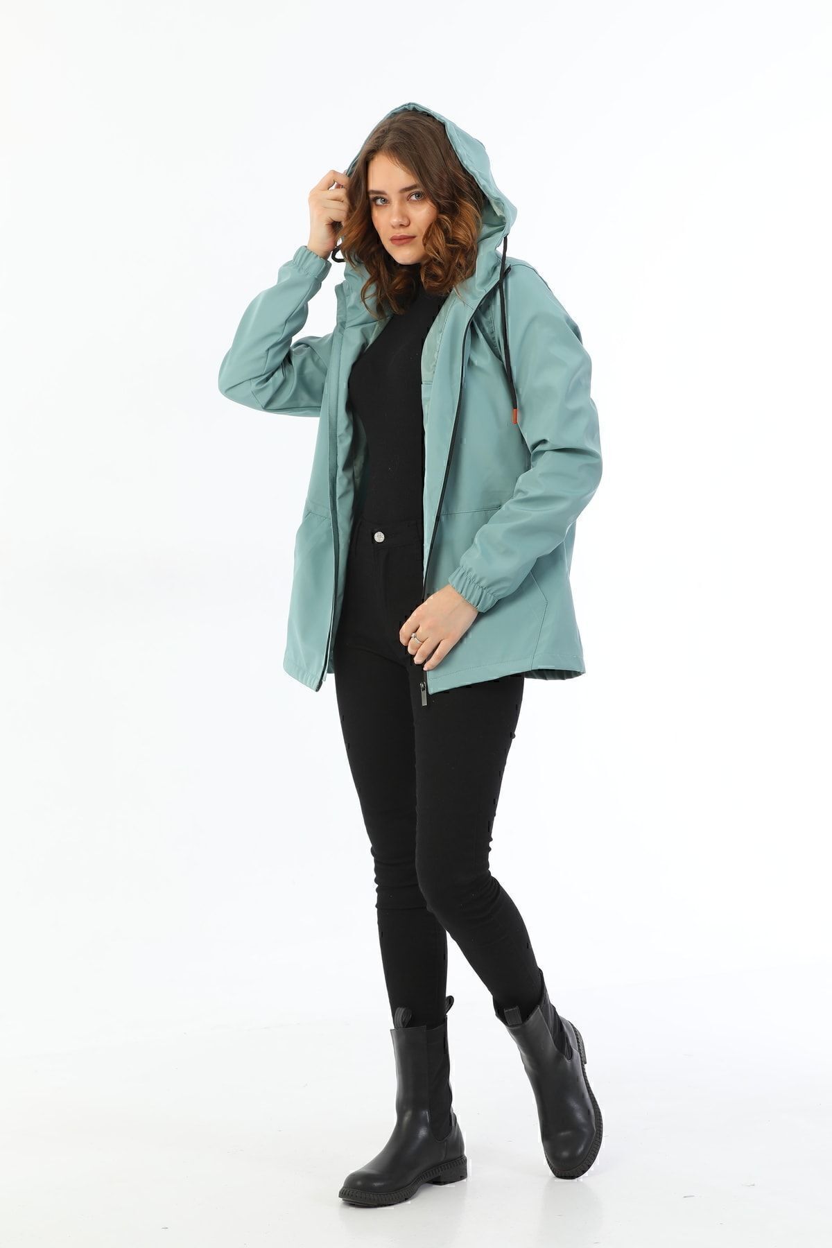 Montland  Kadın Mint Yeşil Içi Astarlı Su Geçirmez Ve Rüzgara Dayanıklı Kapüşonlu Cepli Yağmurluk - Rüzgarlık - Görsel 6
