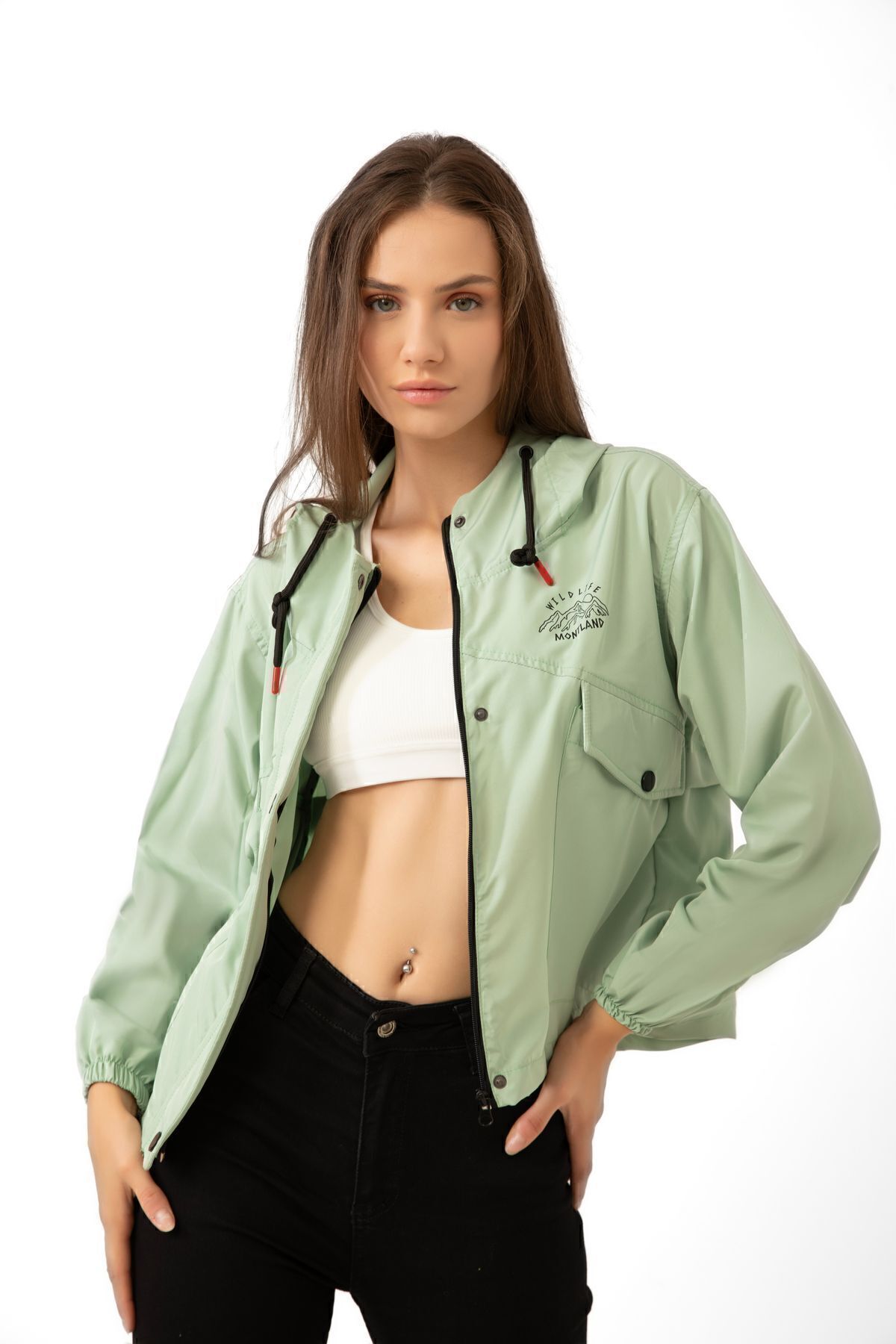 Montland  Su Yeşili Su Geçirmez ve Rüzgara Dayanıklı Kapüşonlu Cepli Çıt Çıtlı Mevsimlik Yağmurluk