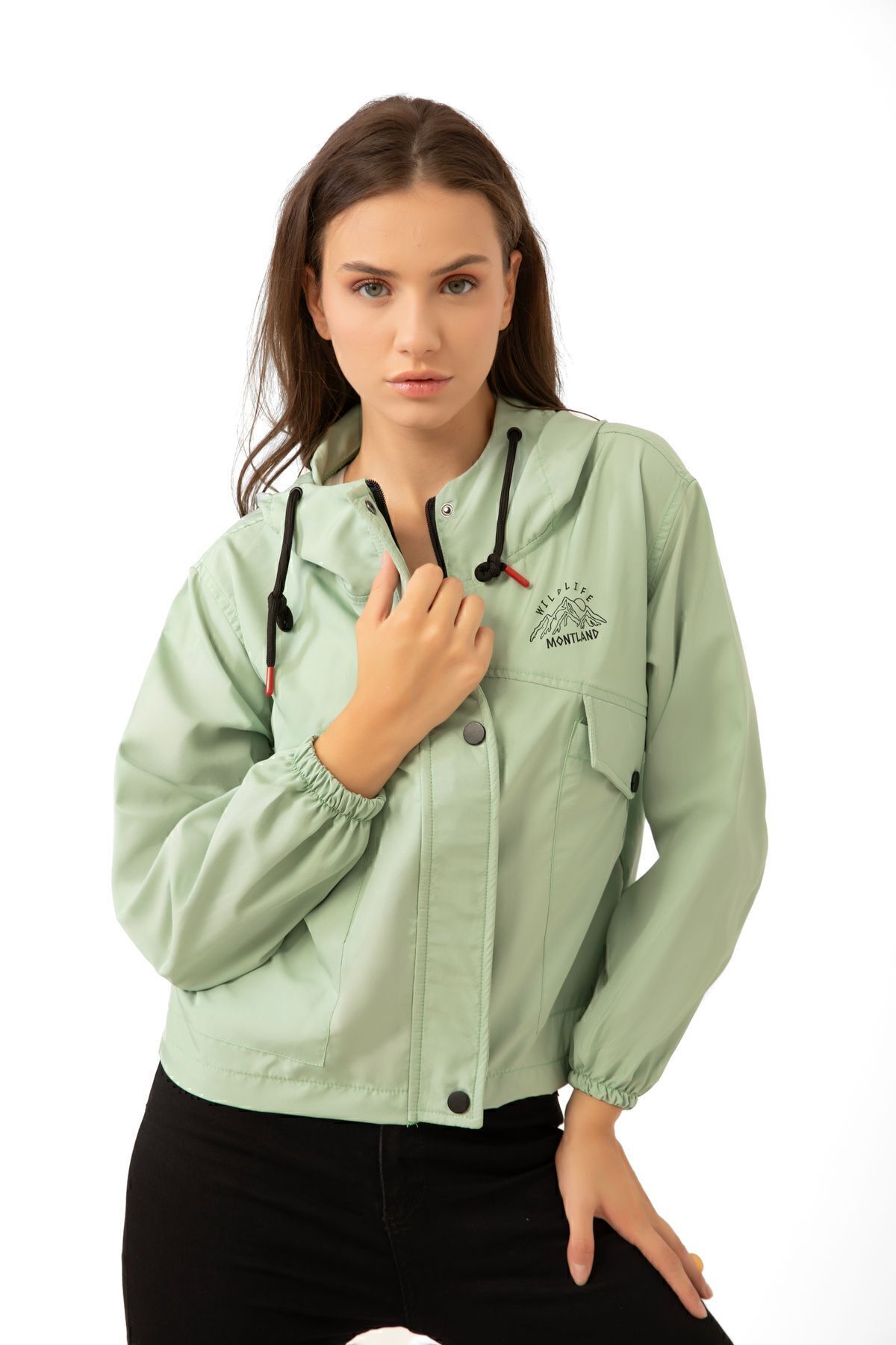 Montland  Su Yeşili Su Geçirmez ve Rüzgara Dayanıklı Kapüşonlu Cepli Çıt Çıtlı Mevsimlik Yağmurluk - Görsel 2