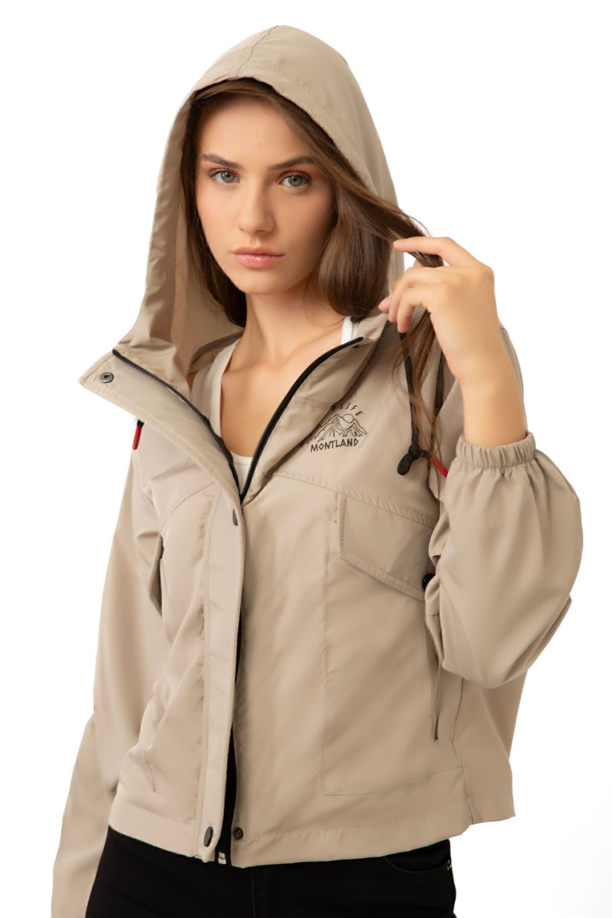Montland  Kadın Taş Su Geçirmez ve Rüzgara Dayanıklı Kapüşonlu Cepli Çıt Çıtlı Mevsimlik Yağmurluk - Görsel 2