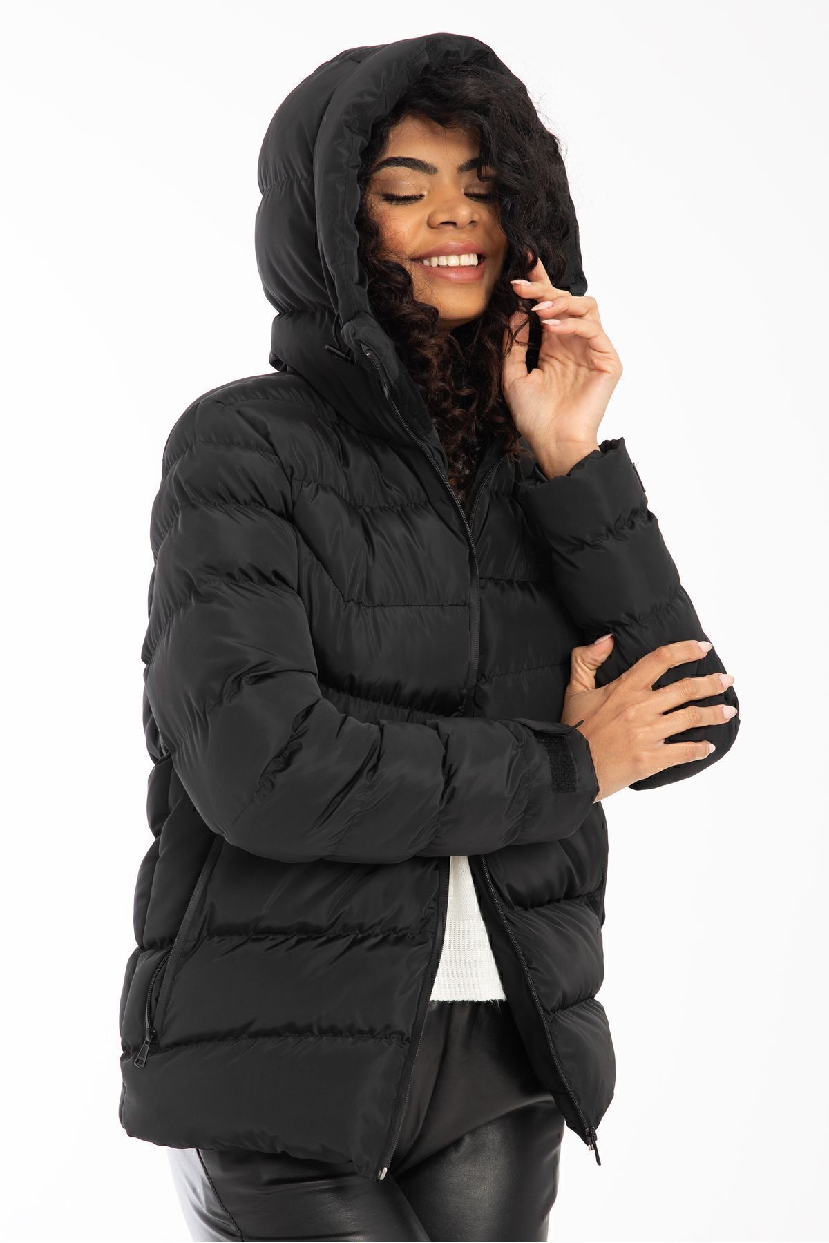 Royalside  Spor Kadın Siyah Kapüşonlu Içi Polarlı Kürklü Su Geçirmez Rüzgara Dayanıklı Spor Mont Kaban Parka - Görsel 2