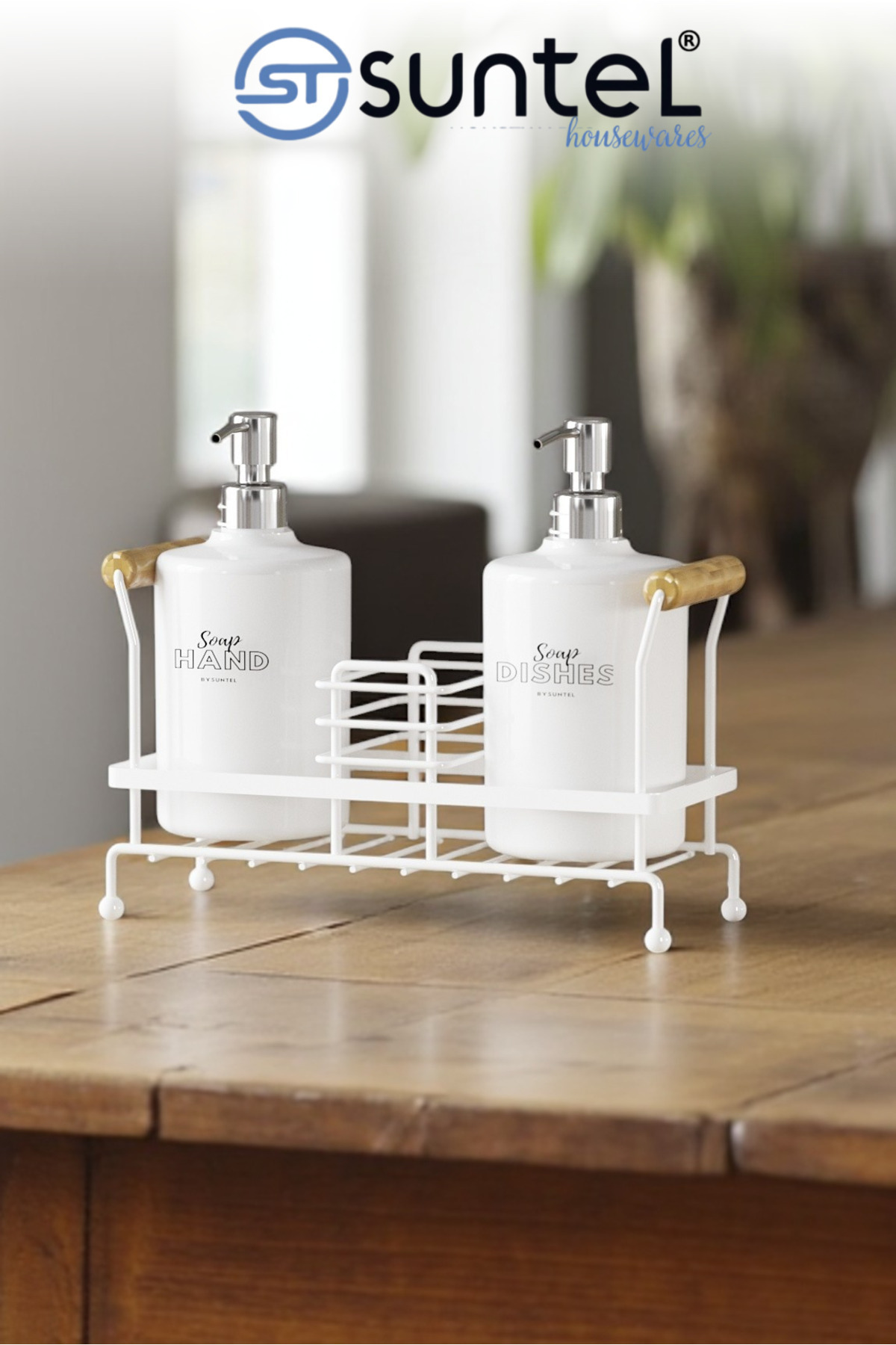 Suntel Pachet 2 Sticle De Săpun Lichid Din Plastic Cu Suport Metalic Dozator De Săpun 500 Ml Alb - One Size