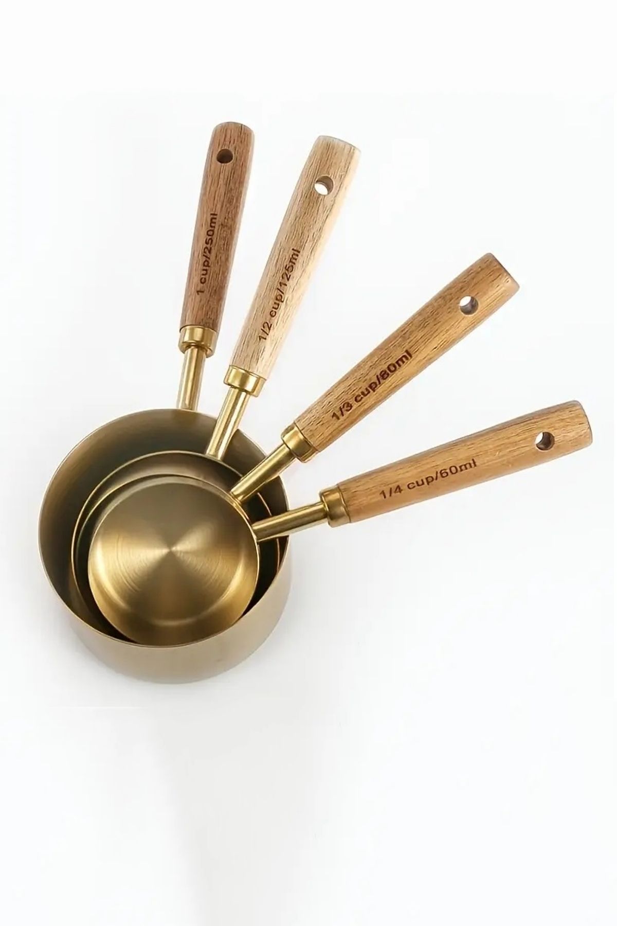 Tilbe Home-Set of 4 Large Size Stainless Steel Wooden Handle Gold Measuring Spoon Set Measuring Cup 60ml 80ml 125ml 250ml 4