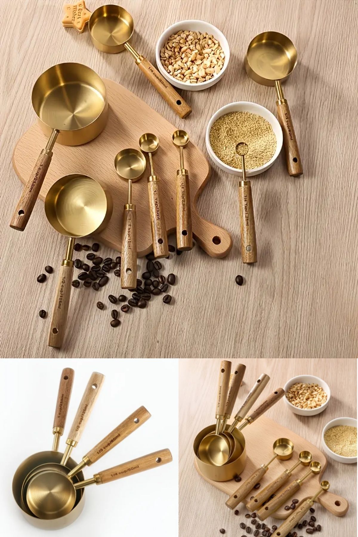Tilbe Home-Set of 4 Large Size Stainless Steel Wooden Handle Gold Measuring Spoon Set Measuring Cup 60ml 80ml 125ml 250ml 3