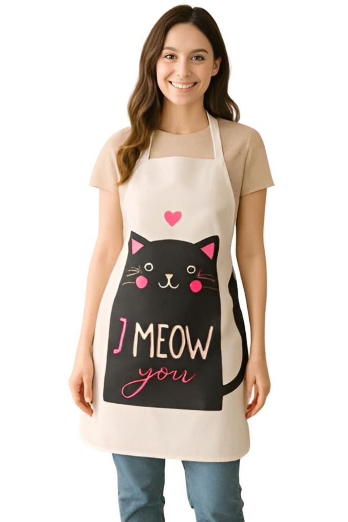 MODALİN-I Meow You Kitchen Apron with Cat Pattern, Liquid Proof Cute Design 2