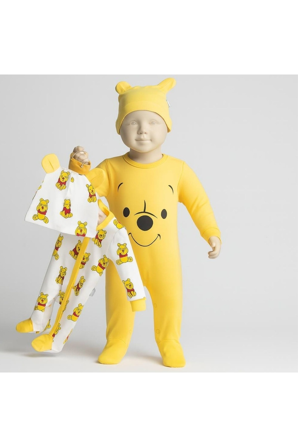 miniyou Ayıcık Baskı Desenli 2 Li Şapkalı Yeni Doğan Bebek Tulum Set My-1062MC fotoğrafı 3 (önizleme)