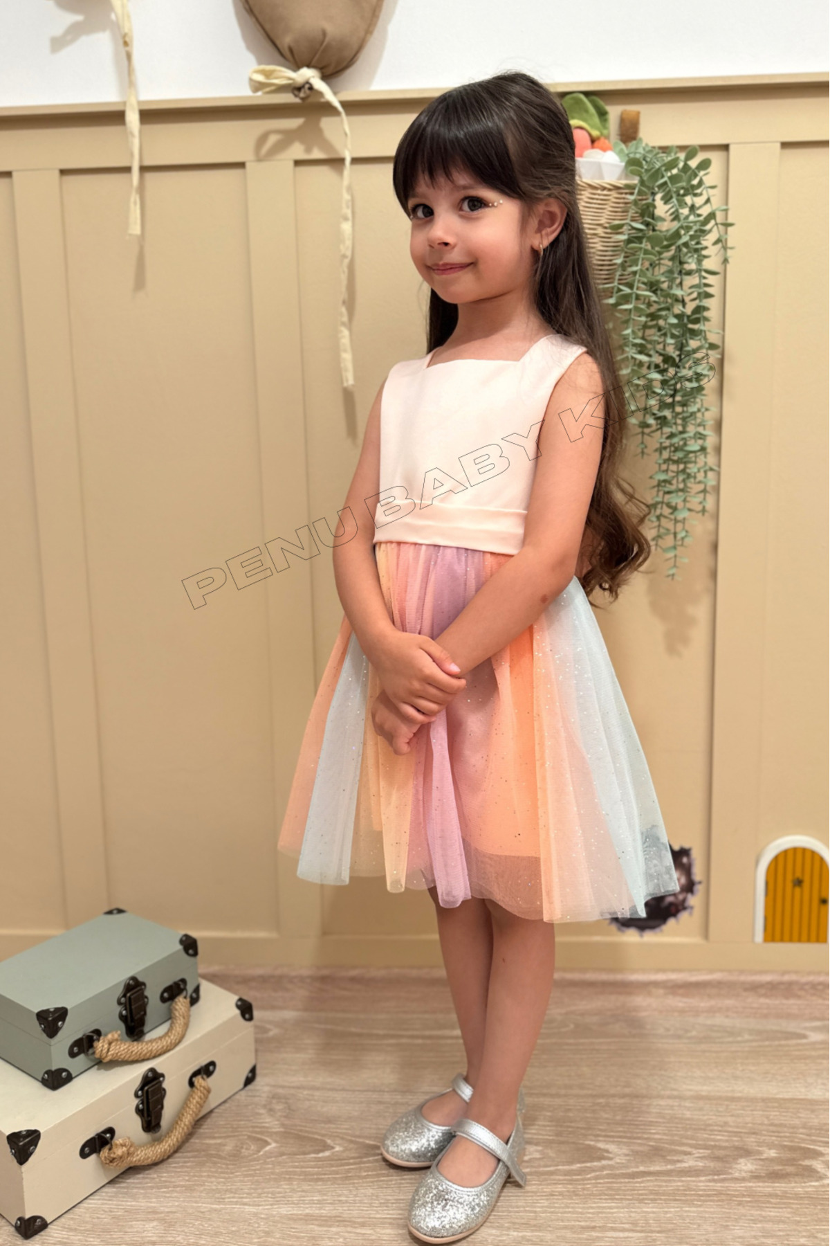 penu baby kids Somon Üstü Mat Saten Altı Renkli Etek Kız Çocuk Kız Bebek Elbise fotoğrafı 4 (önizleme)