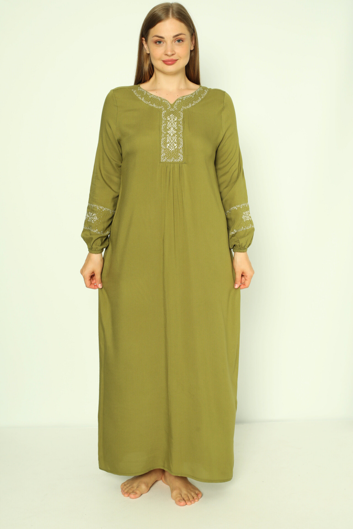 Women's Plus Size Woven Viscose Fabric Long Sleeve Dress / Peanut Green - 33435