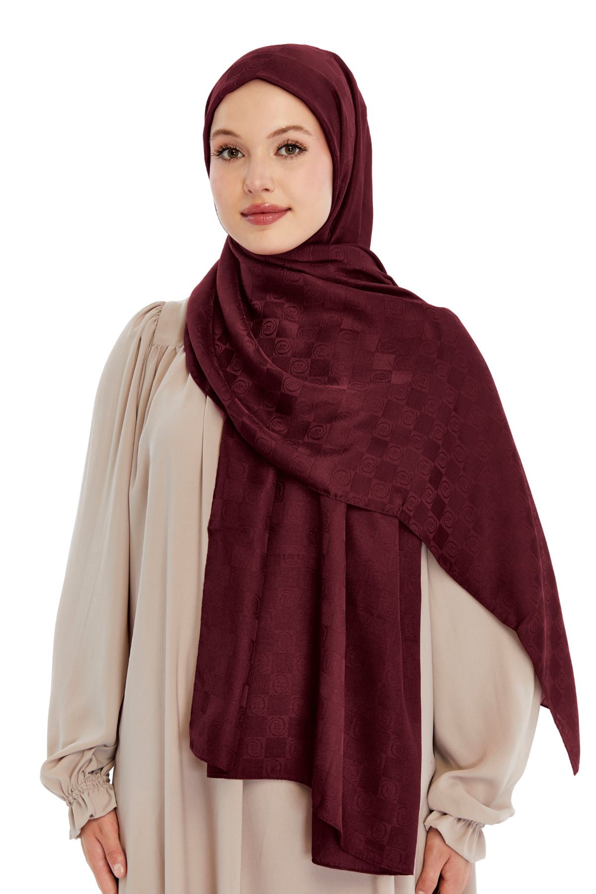 Altobeh-Monogram Checkerboard Pattern Shawl - Claret Red 2