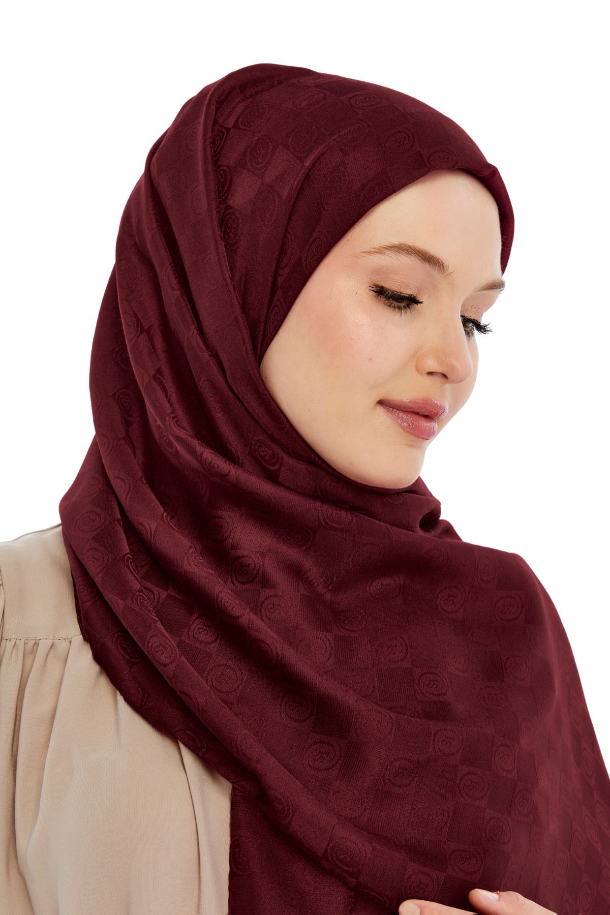 Altobeh-Monogram Checkerboard Pattern Shawl - Claret Red 4